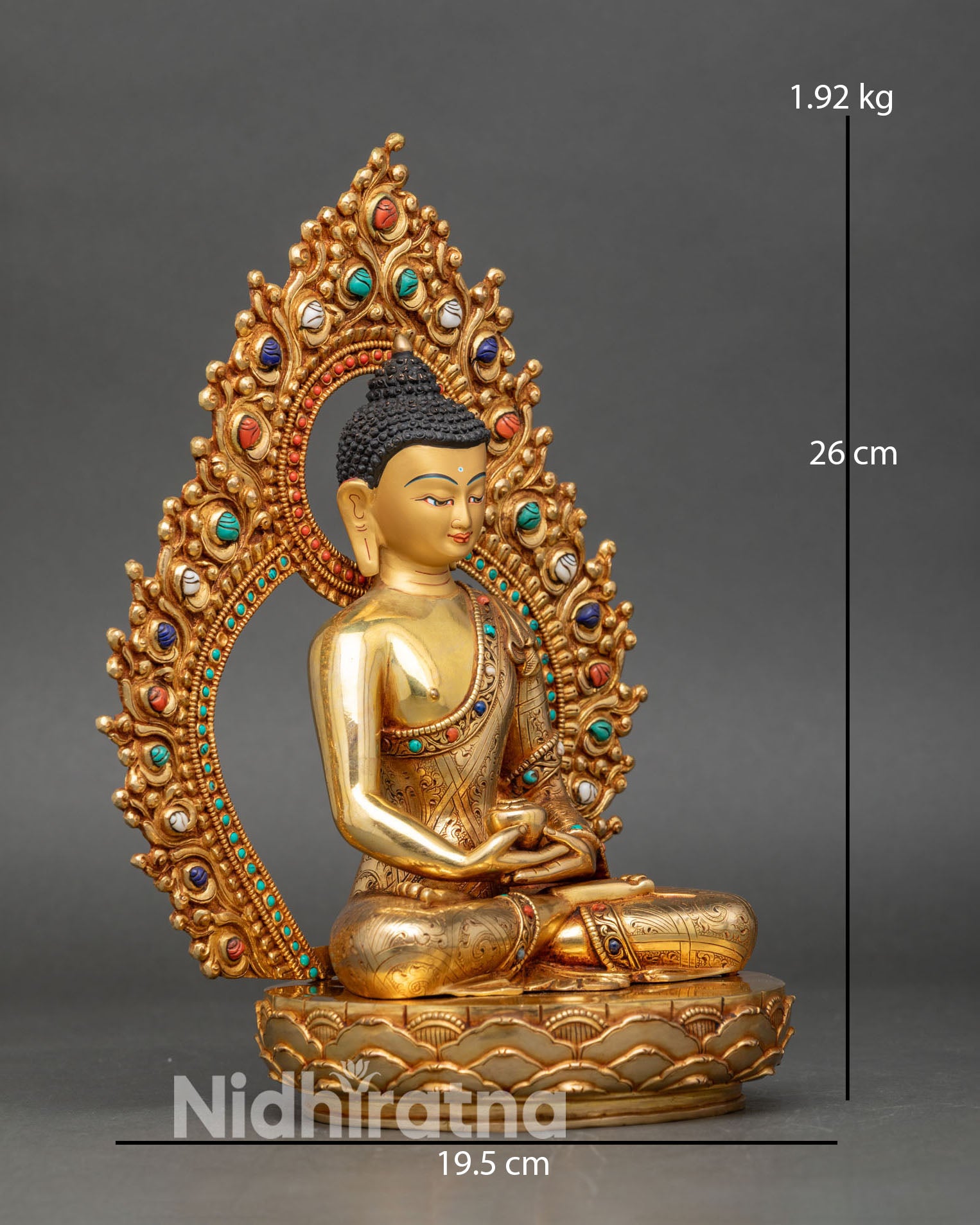 Side view Amitabha Buddha statue holding alms bowl Himalayan art handcrafted Nepal
