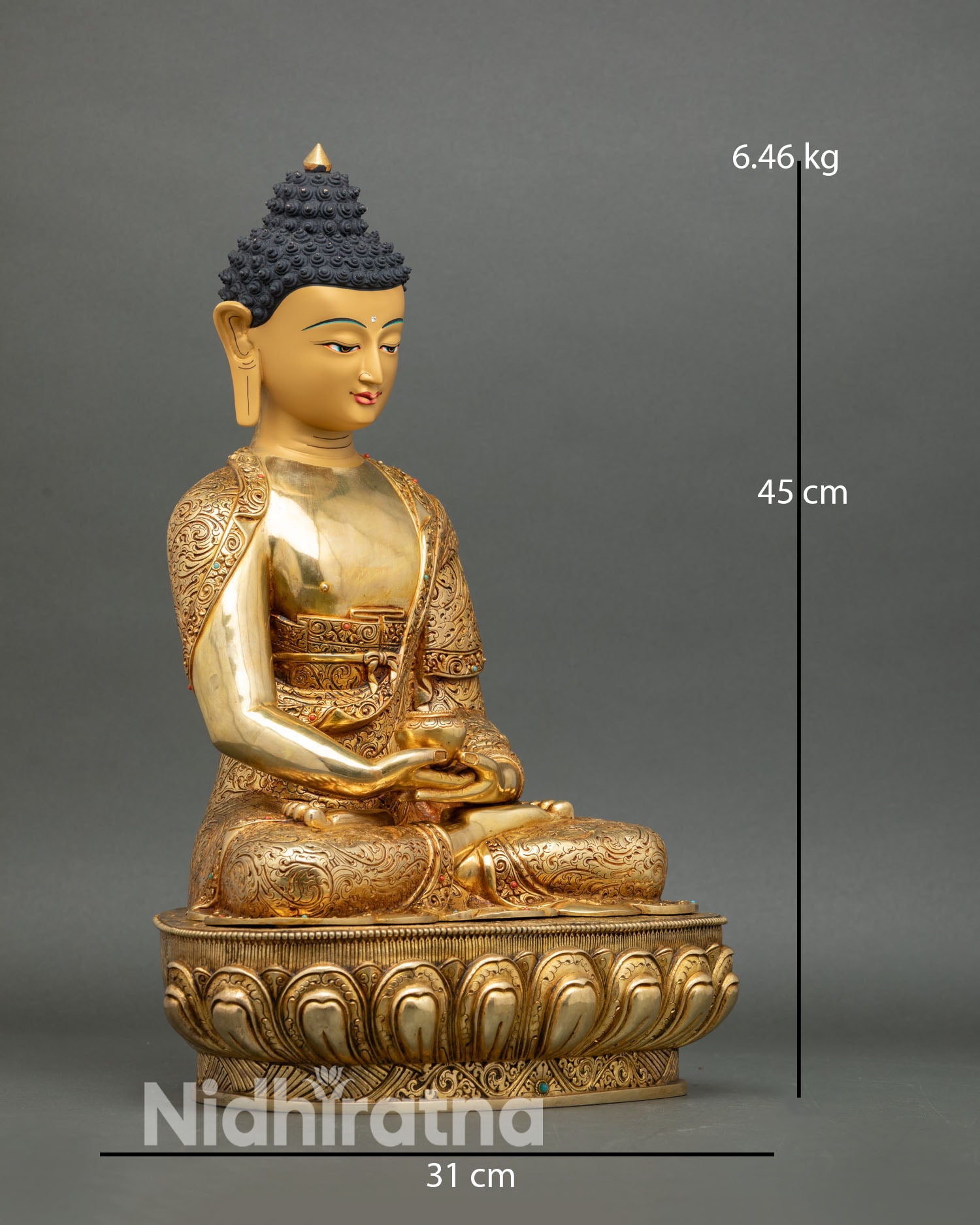 Side view Amitabha Buddha statue lotus base handcrafted copper fire gilded Buddhist meditation altar decor Nepal