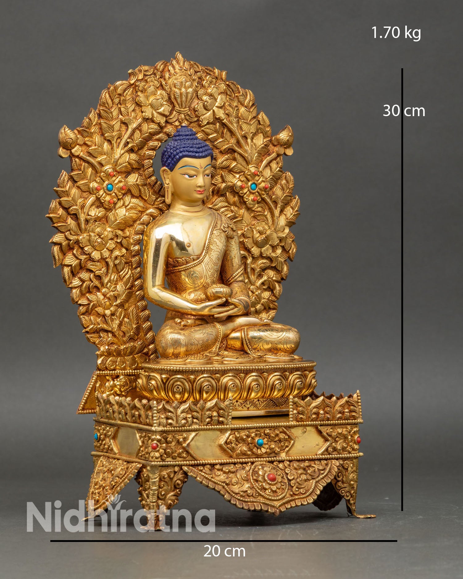 Side view Amitabha Buddha statue on a lotus pedestal with detailed throne, ideal for meditation spaces.