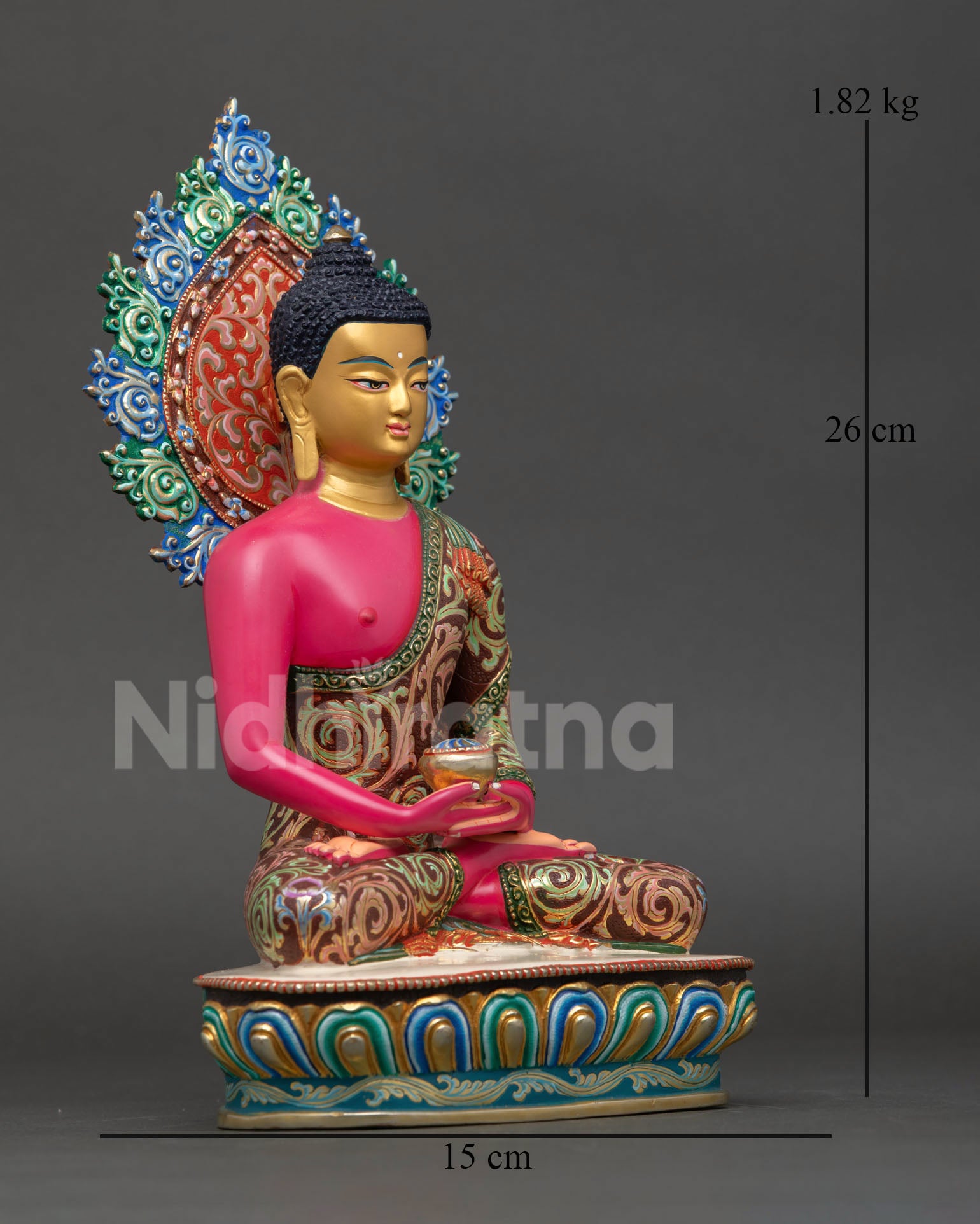 Side view of Amitabha Buddha statue seated in meditation posture on lotus base with intricate robes and vibrant acrylic color artwork Nepal