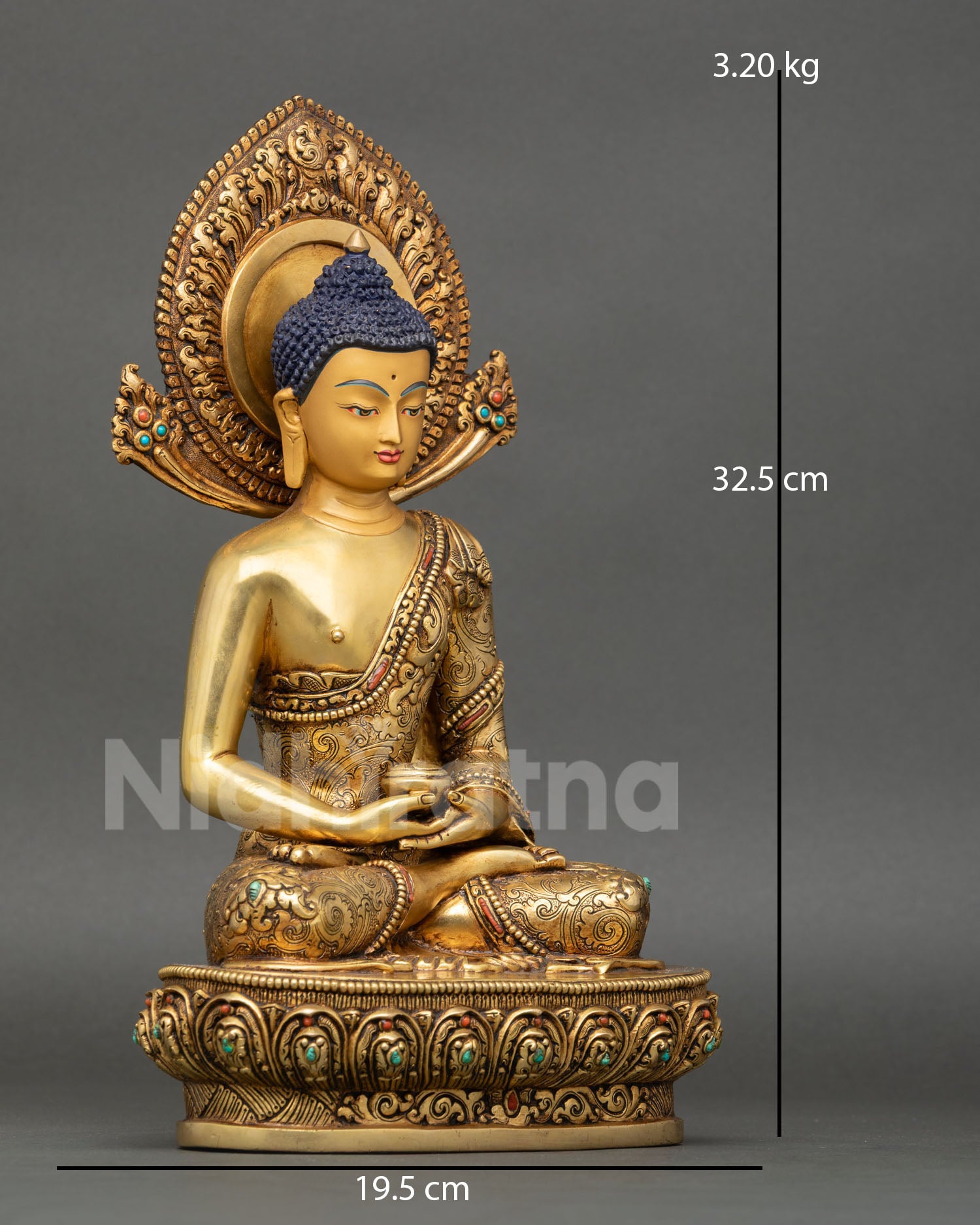 Side view of Amitabha Buddha statue seated lotus pedestal tranquil meditation posture, Himalayan Buddhist altar decor spiritual sculpture