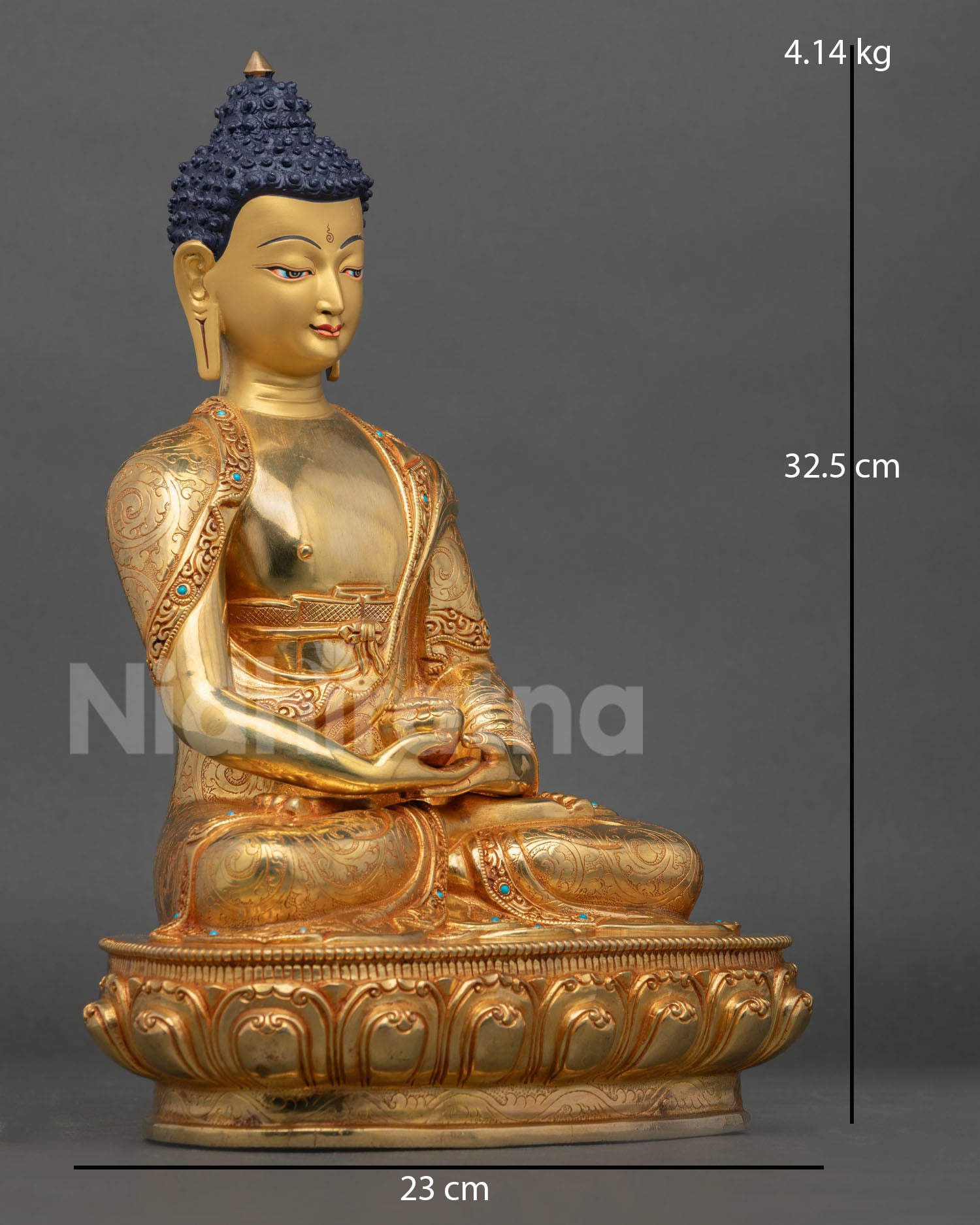 Side view of Amitabha Buddha statue seated on lotus pedestal in meditation posture with copper Himalayan artwork