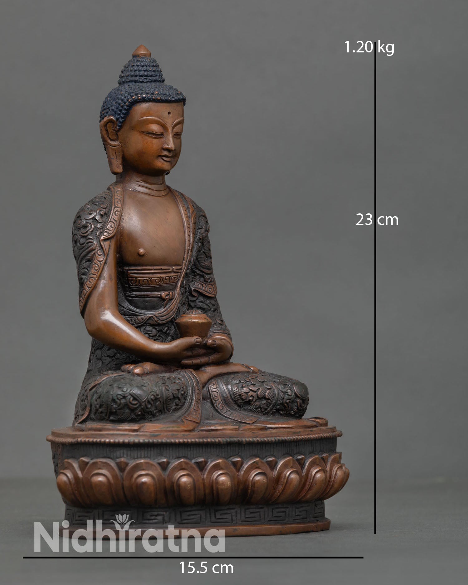 Side view of Amitabha Buddha statue seated on lotus throne oxidized copper Buddhist art monks bowl compassion symbol