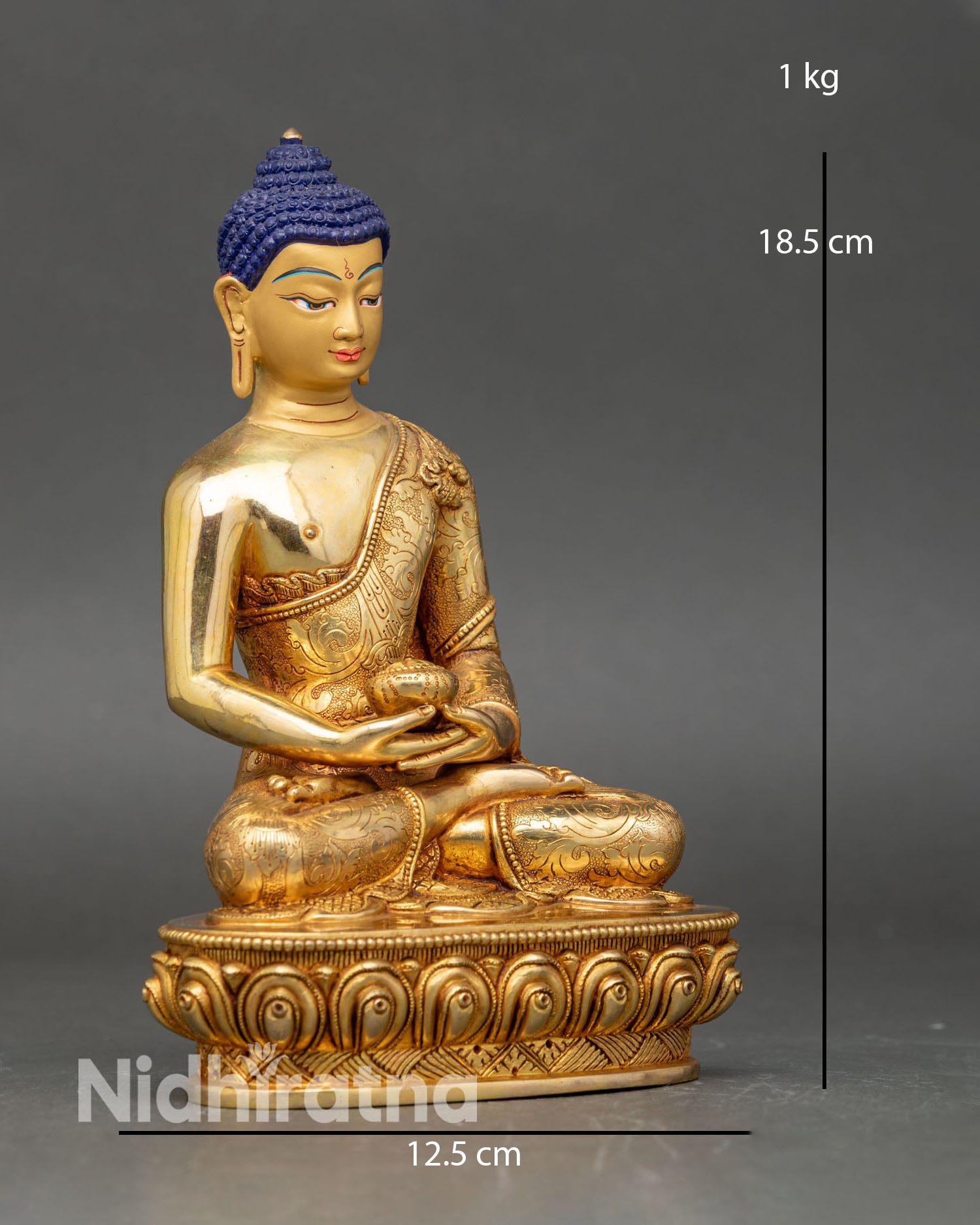Side view Amitabha Buddha statue showing Dhyana Mudra hands and detailed robes