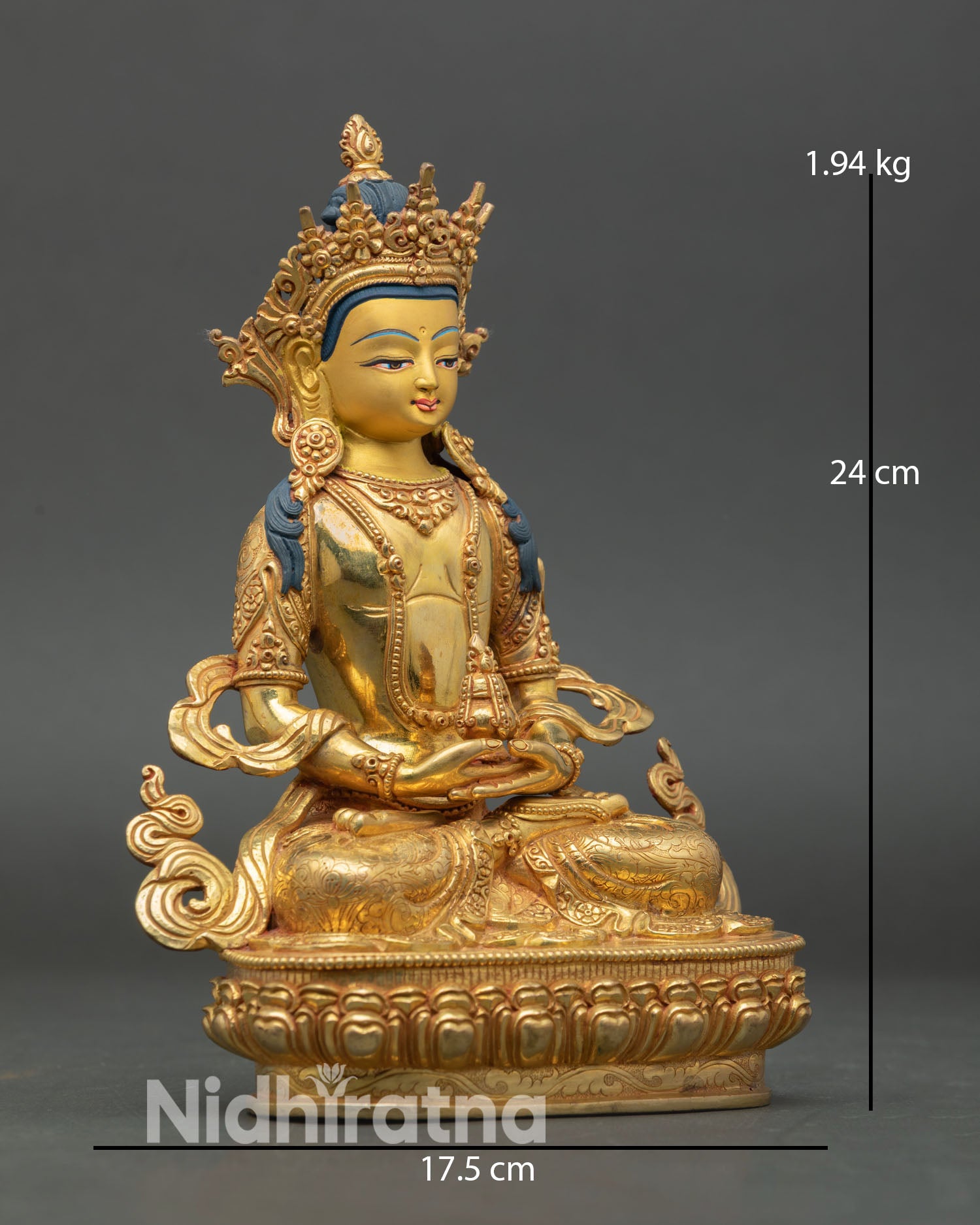 Side view of Amitayus Bodhisattva statue longevity Buddha copper 24K gold gilded Himalayan craft
