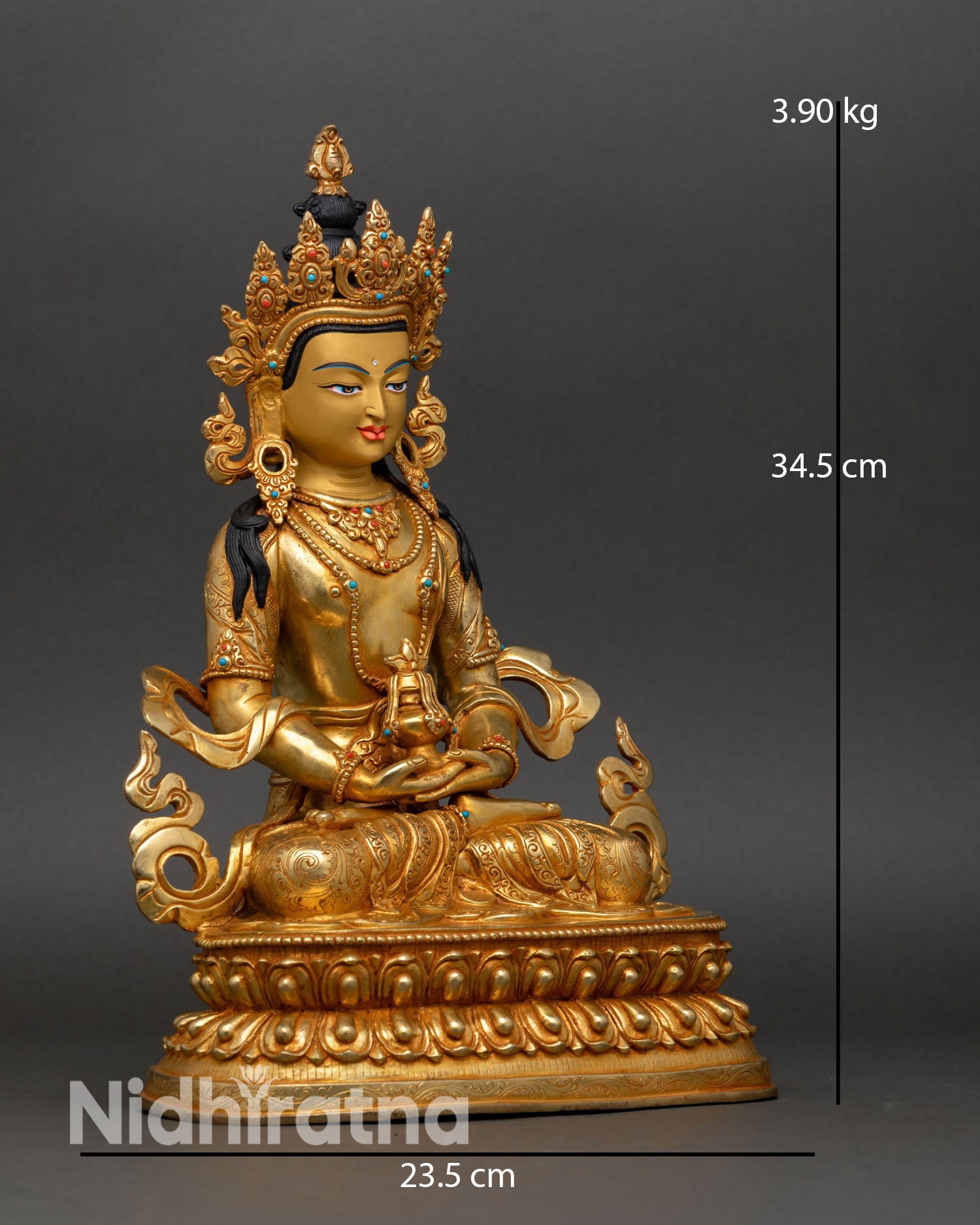 Side view of Amitayus Bodhisattva statue lotus pedestal vessel of immortality handmade lost wax Buddhist sculpture
