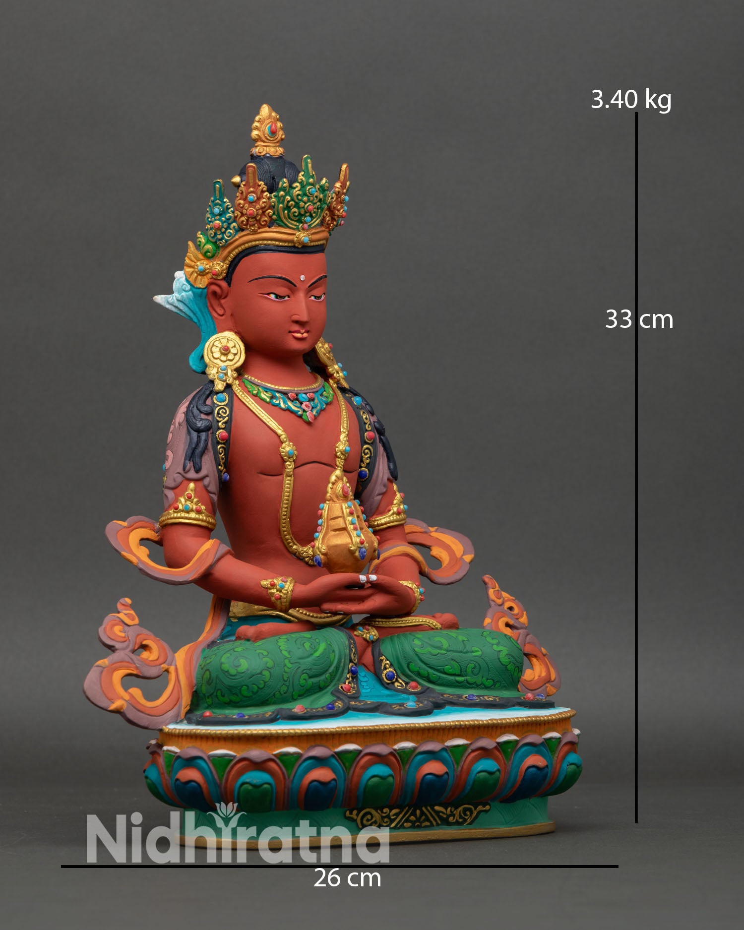 Side view of Amitayus seated on lotus holding Amrita vase symbolizing long life and healing