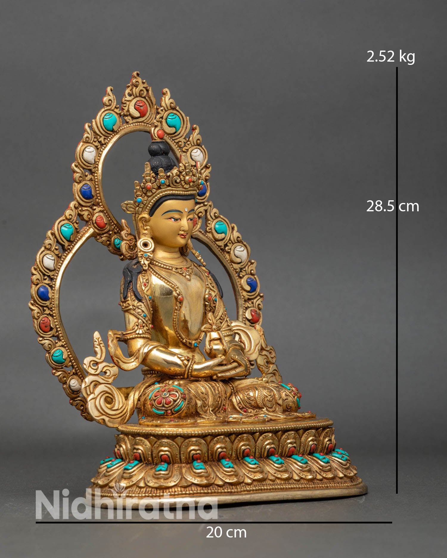 Side view Amitayus statue double lotus pedestal flowing robes semi precious stones