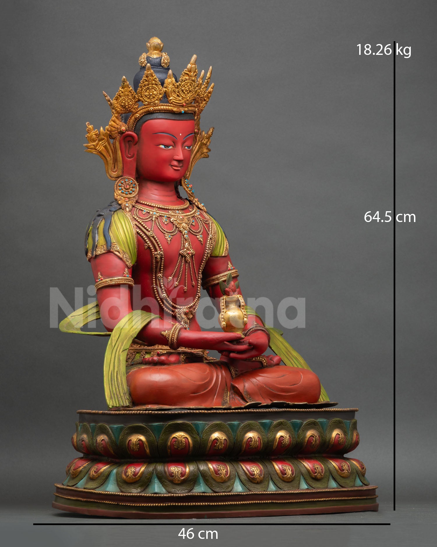 Side view of Amitayus statue seated in lotus posture holding long life vase with amrita nectar symbolizing longevity and spiritual blessing