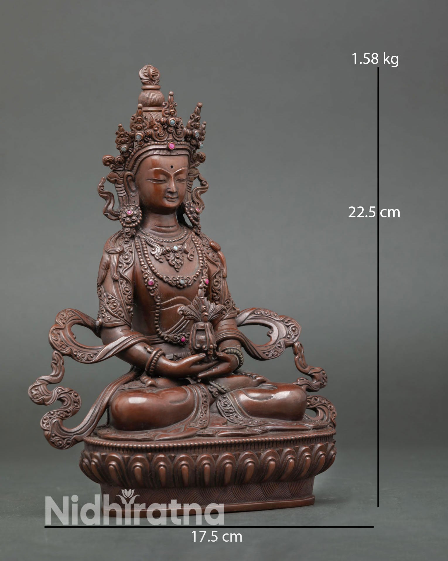 Side view Amitayus statue seated on lotus base handcrafted Newari copper sculpture spiritual altar decor Buddha of long life
