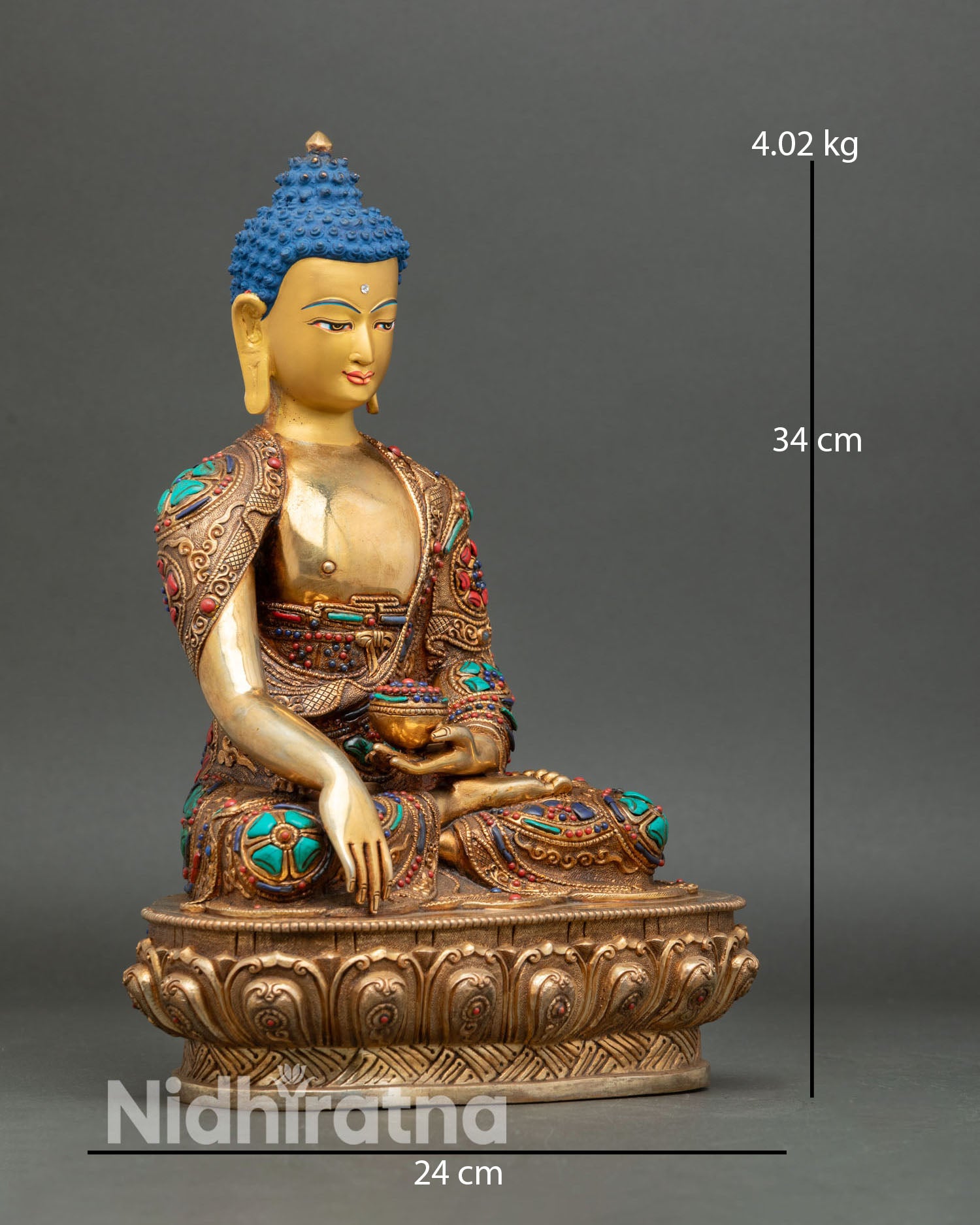 Side view Buddha Shakyamuni Bhumisparsha mudra, begging bowl enlightenment sculpture