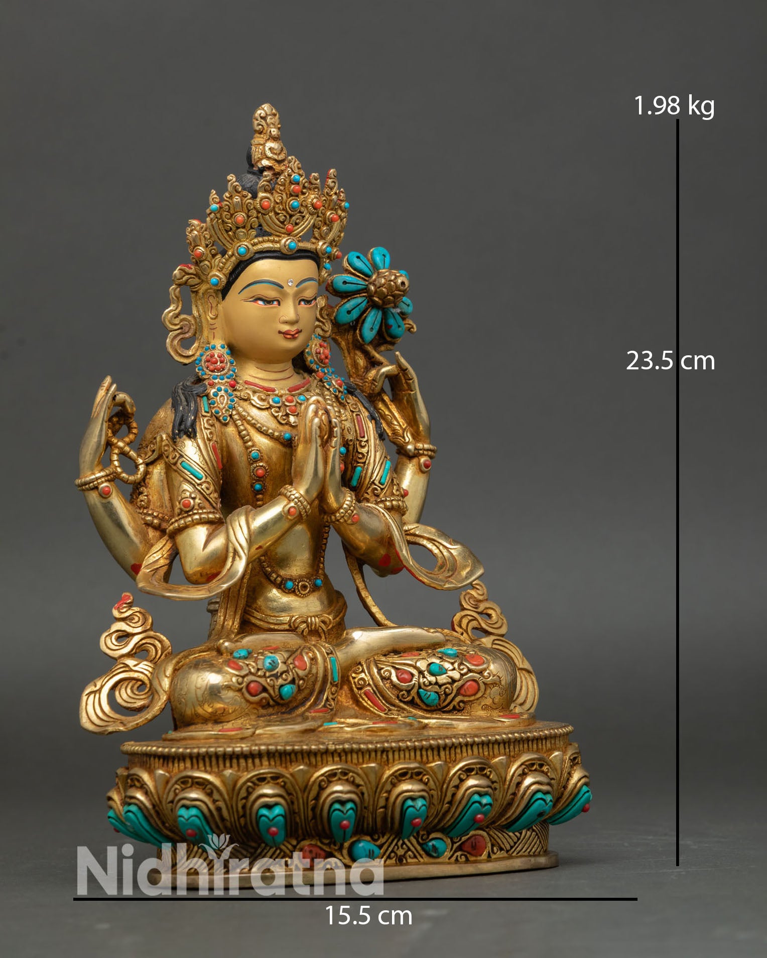 Side view Chenrezig sculpture lotus base mala lotus flower copper gilded Nepal