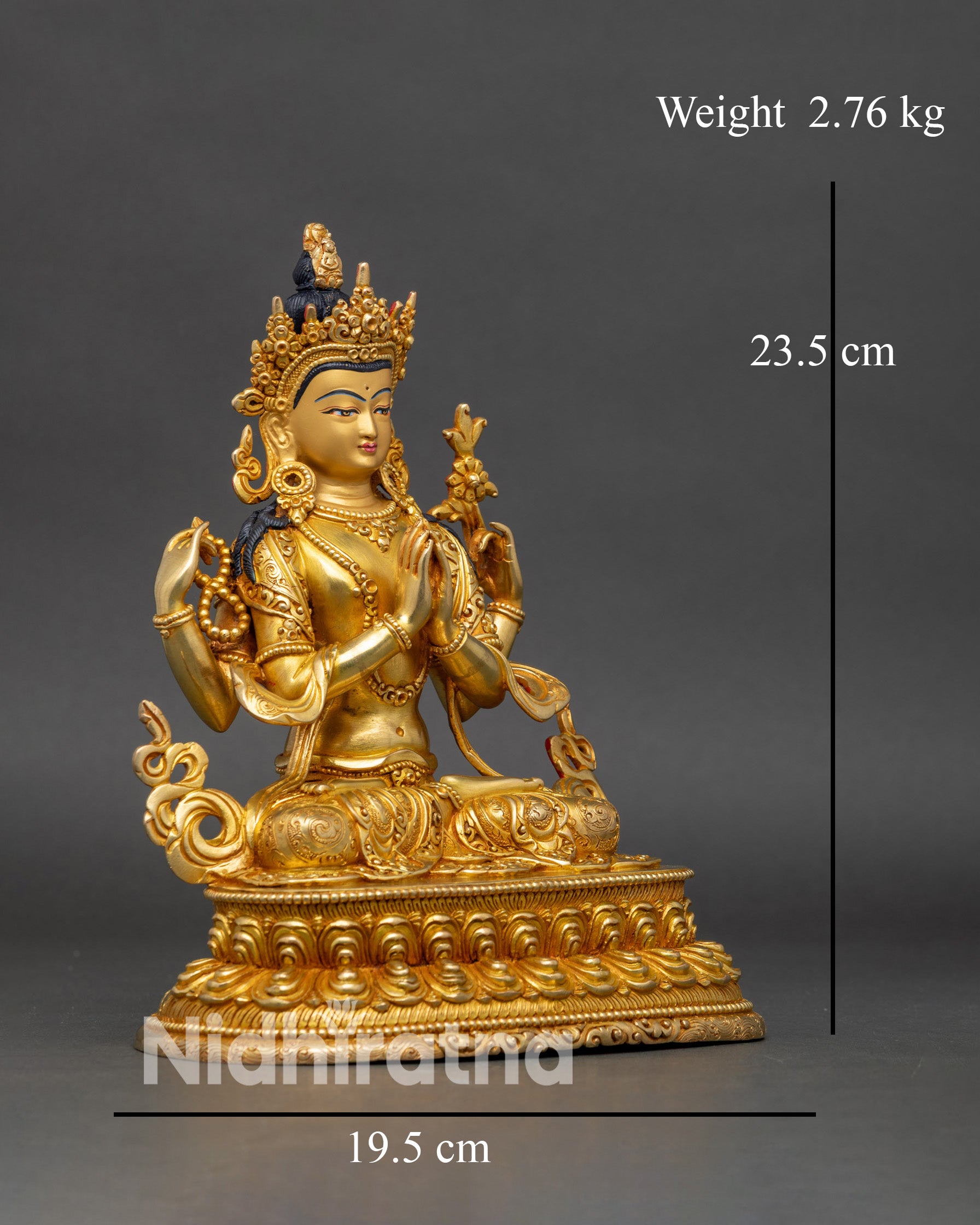 side-view-chenrezig-statue-lotus-pedestal-copper-gold-altar-meditation-decor