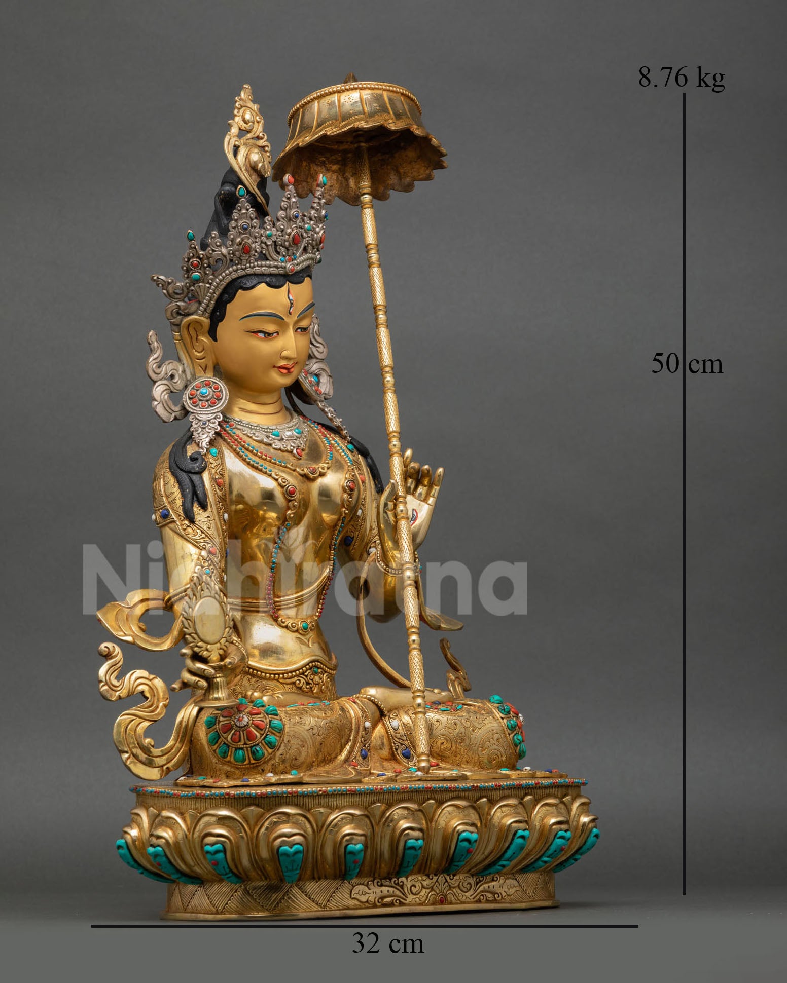 Side view of Dukar meditation statue seated on lotus pedestal copper body gold gilded finish, Nepal Buddhist sculpture