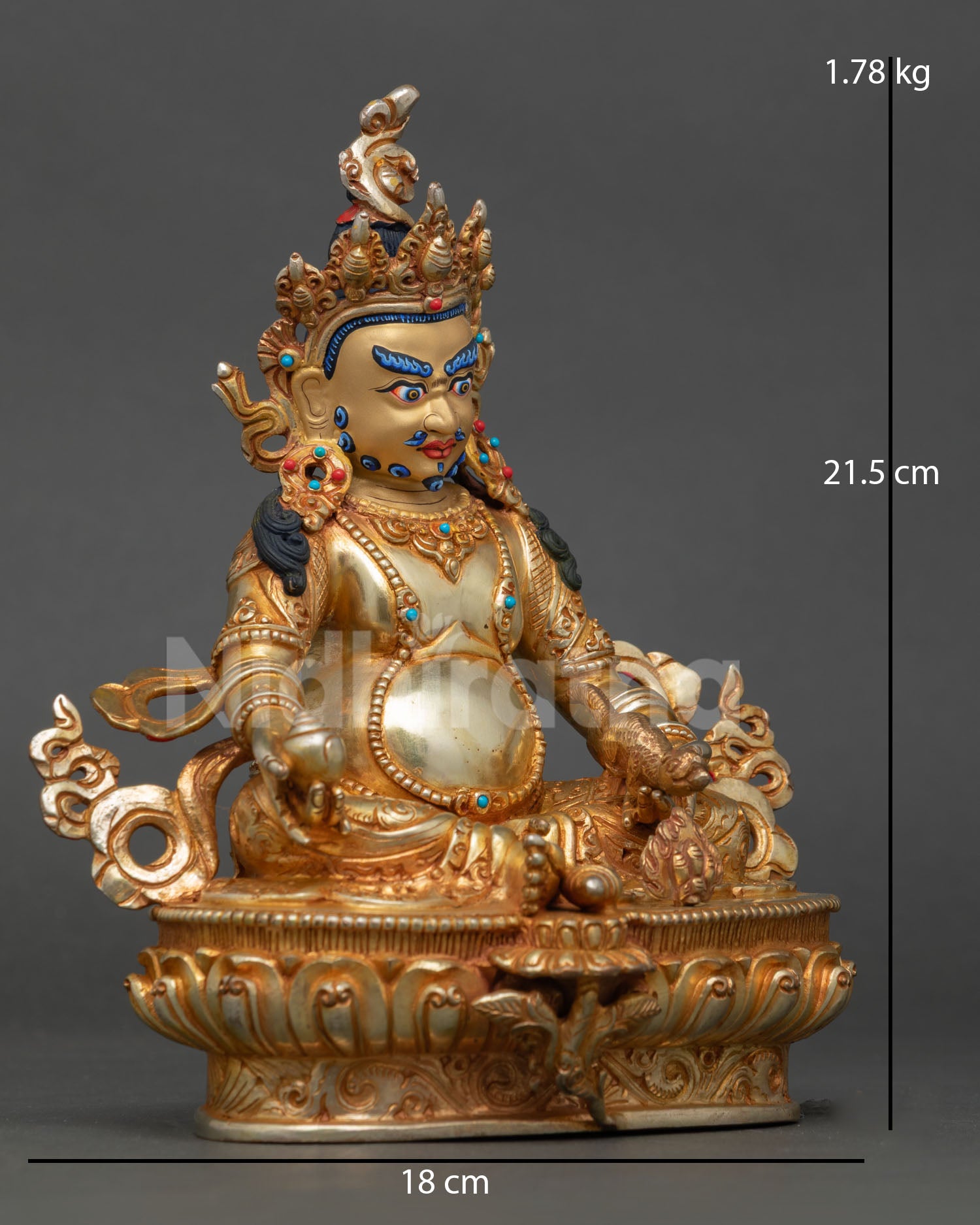 Side view of Dzambhala seated posture, lotus seat, lost wax casting, Himalayan Buddhist prosperity sculpture