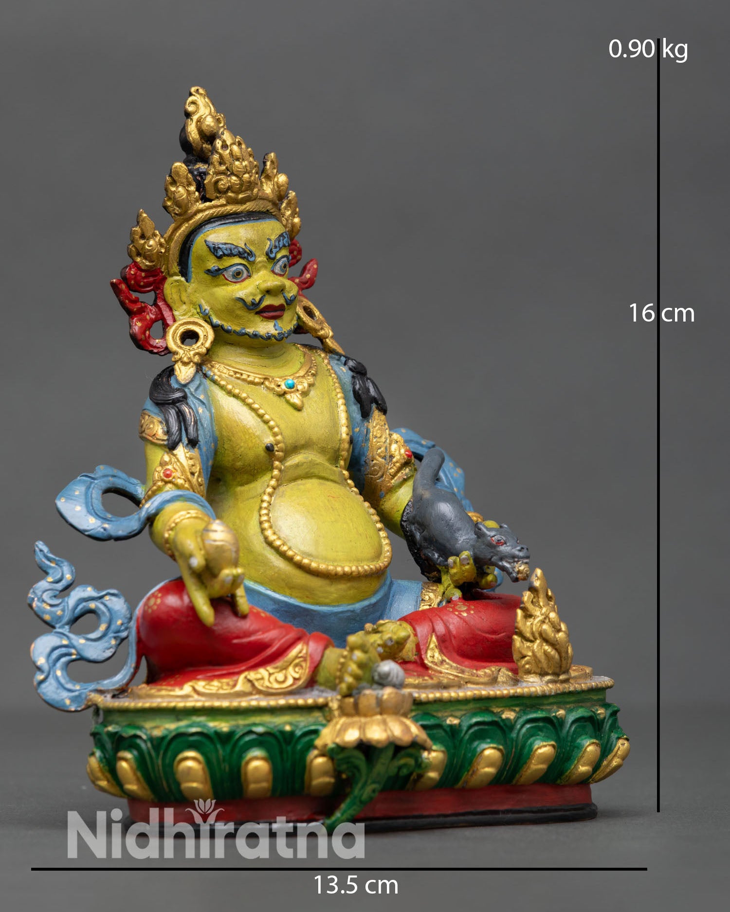 Side view Dzambhala statue holding citron fruit and mongoose symbolizing abundance and removal of financial obstacles