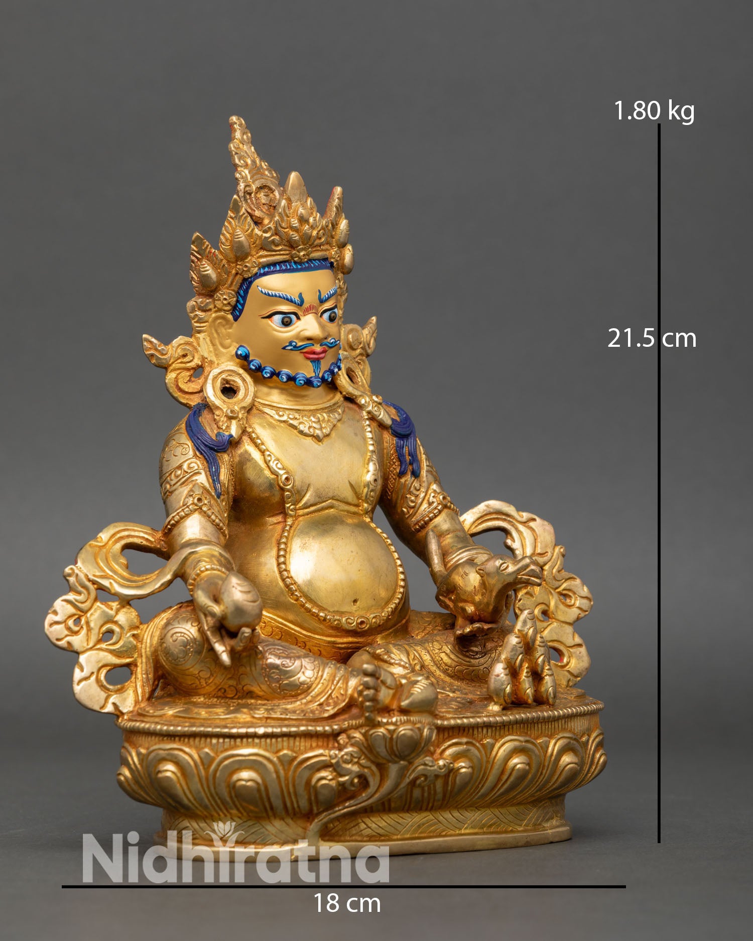 Side view Dzambhala wealth deity statue seated posture lotus base copper sculpture, Himalayan Buddhist art