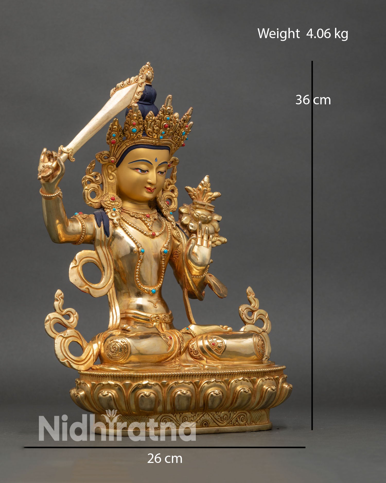 Side view showing flowing robes and intricate gold-carved ornaments