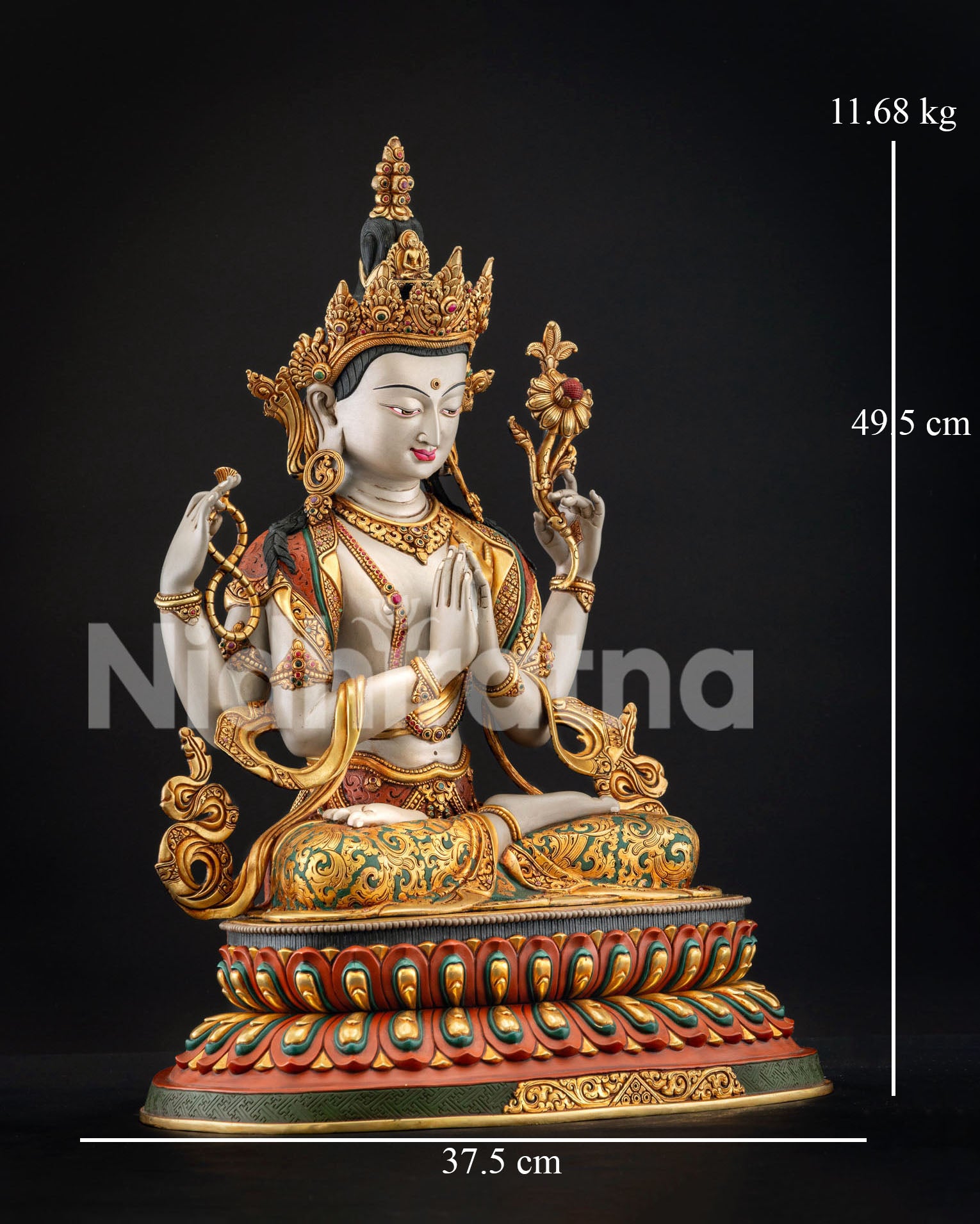 Side view of Four-Armed Chenrezig holding crystal rosary lotus flower and wish fulfilling gem seated on multi colored lotus throne