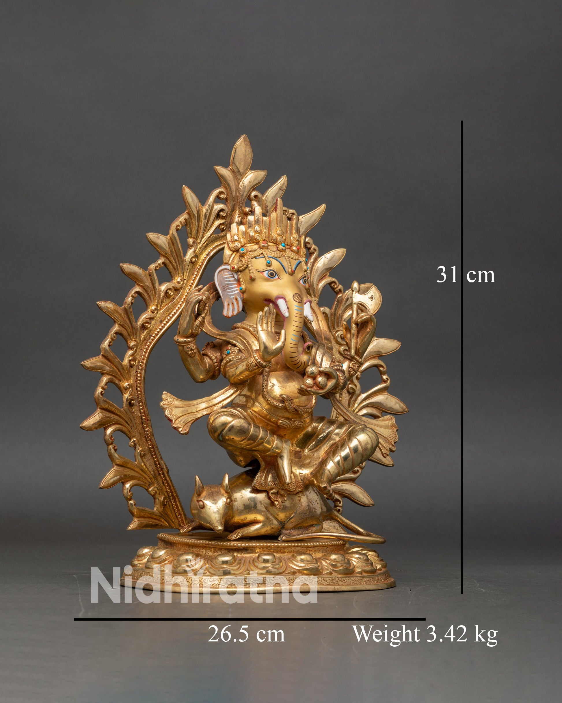 Side view Ganesh statue mushak mouse lotus base intricate robes handcrafted
