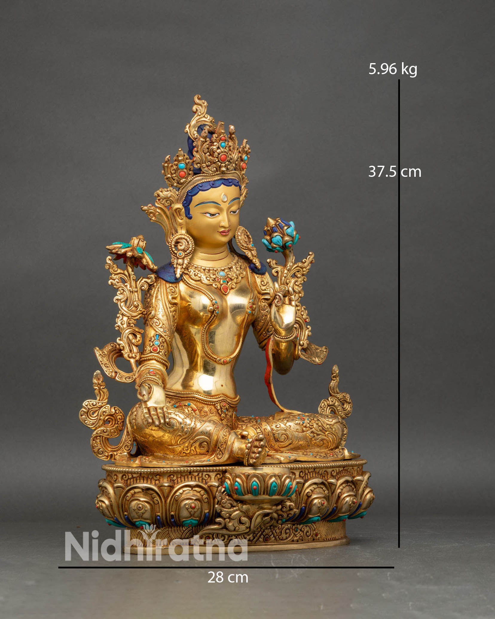 Side view Green Tara sculpture, Lotus pedestal with hand-carved copper details