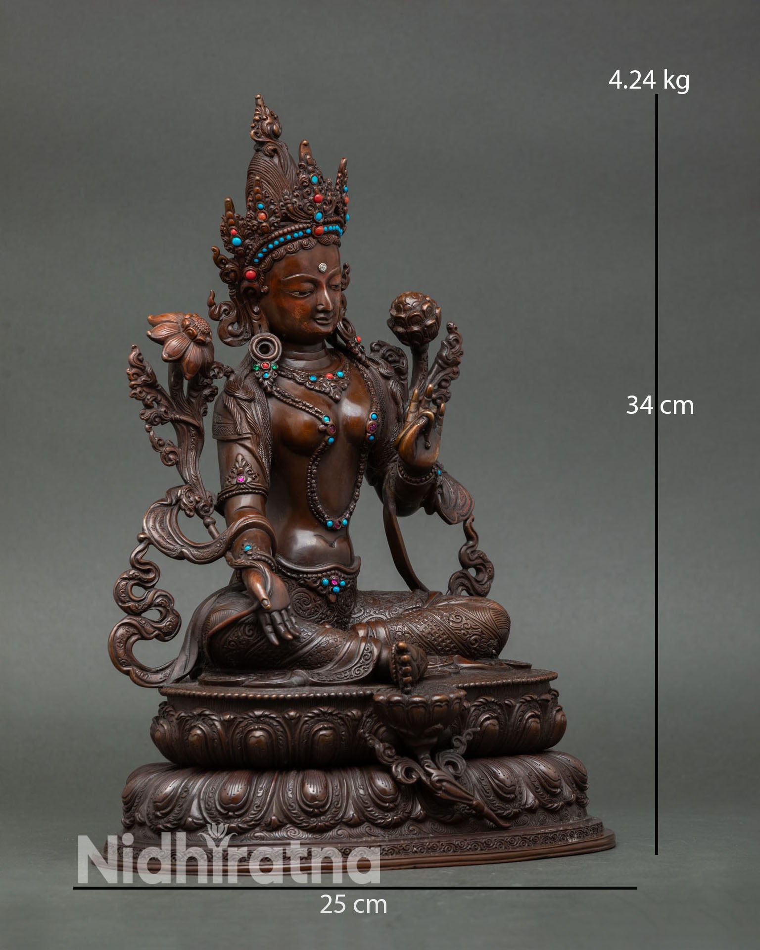 Side view green tara statue double lotus throne handcrafted Newari copper sculpture spiritual meditation altar decor goddess of compassion