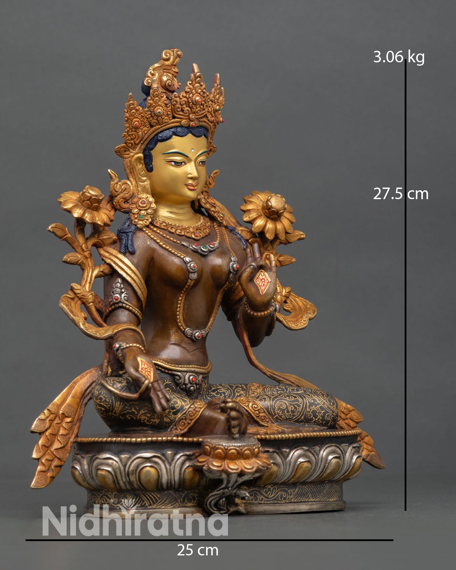 Side view of Green Tara statue, seated lotus pedestal, Varada Mudra and Abhaya Mudra hand gestures copper gold gilded finish Nepal art
