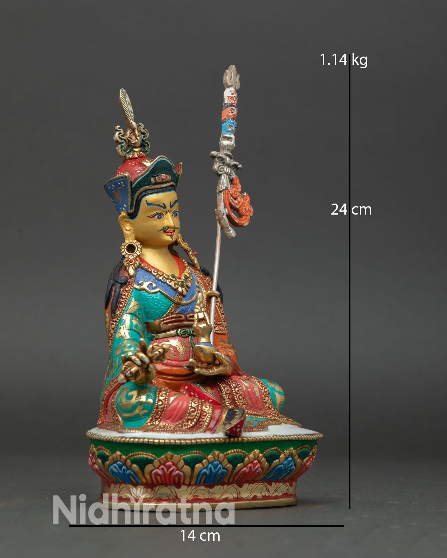 Side view Guru Rinpoche, seated lotus posture, kasaya robes, floral motifs, Tibetan Padmasambhava meditation statue