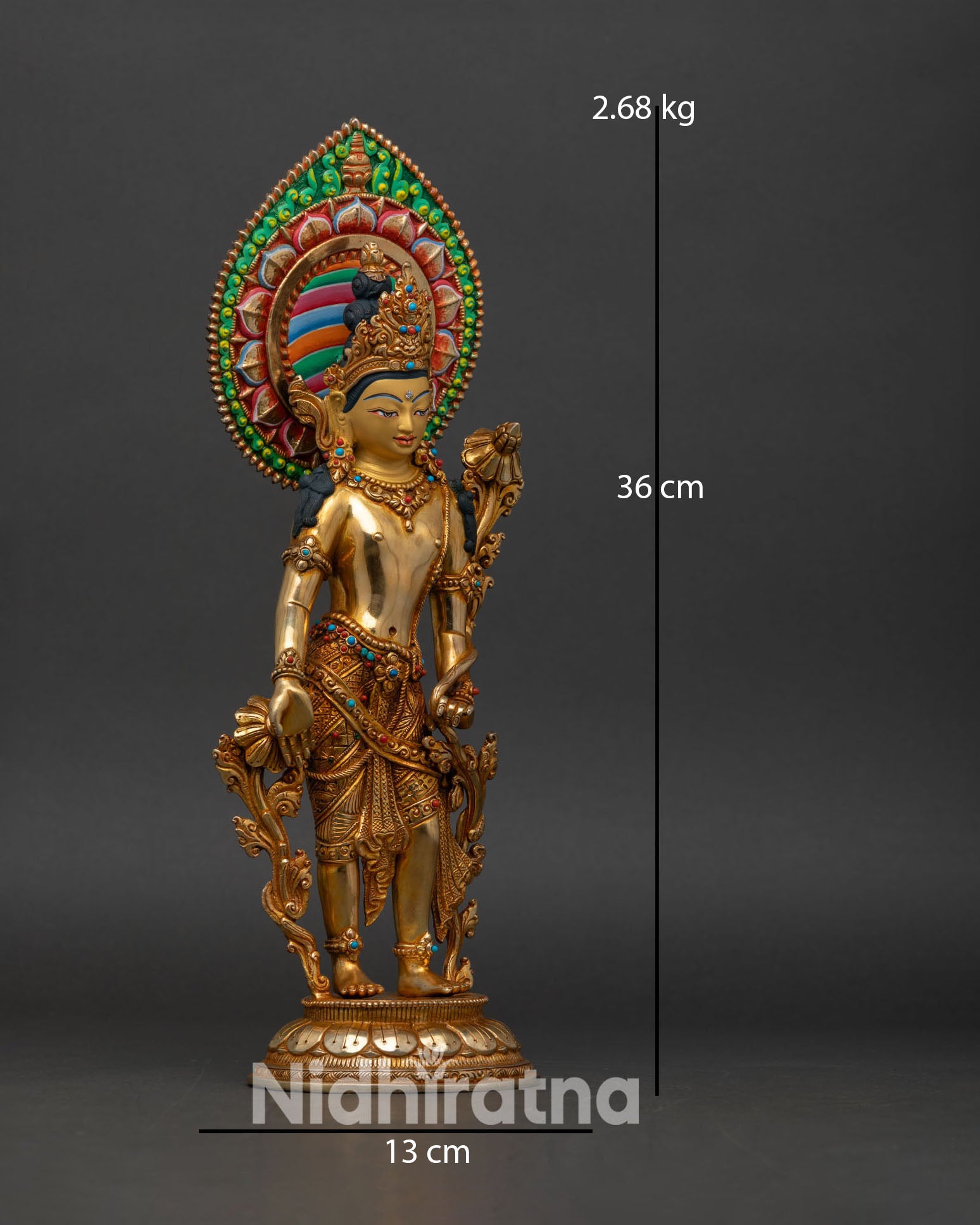 side view handcrafted avalokiteshvara statue tribhanga stance lost wax casting nepal floral robe engraving sacred art