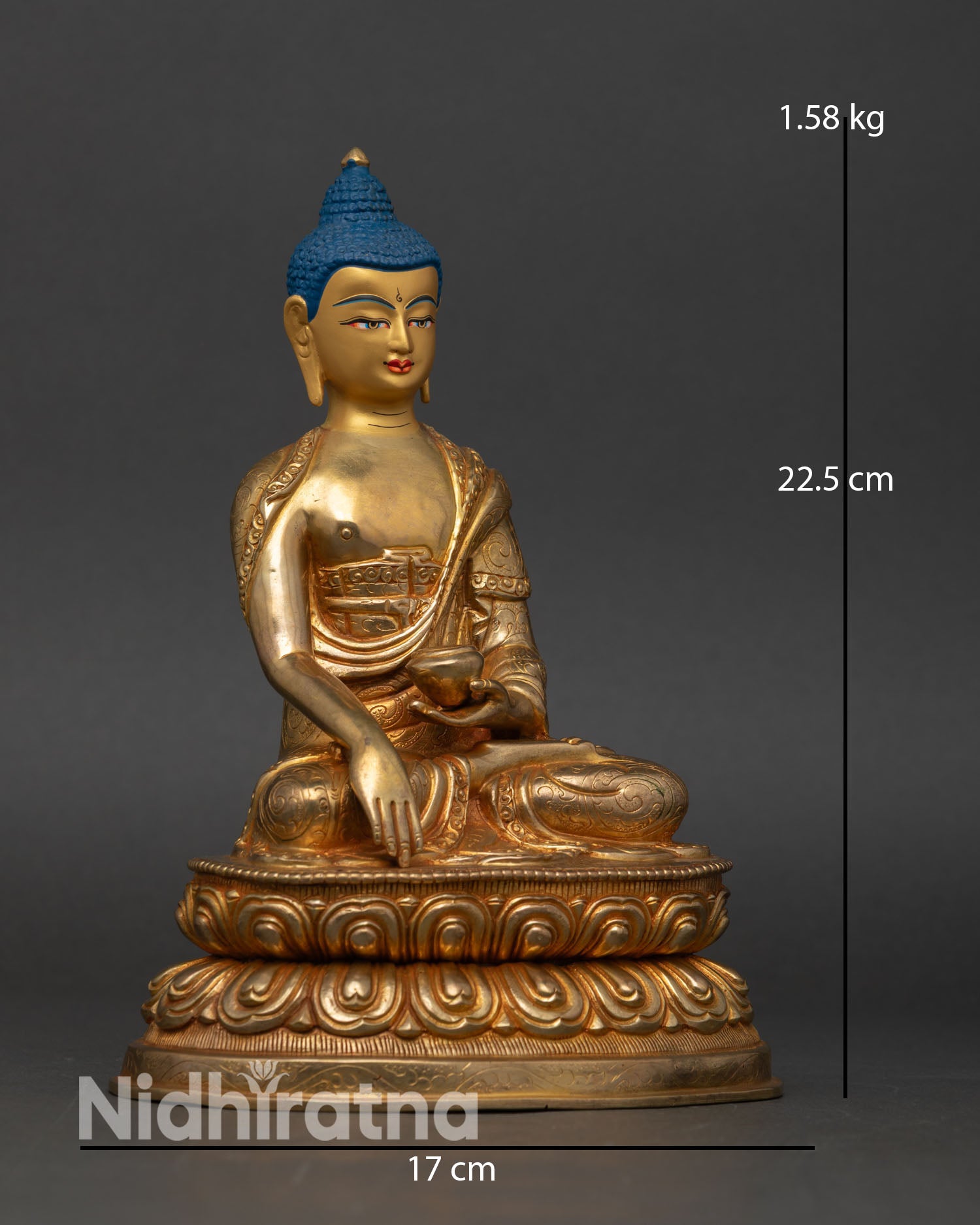 Side view handcrafted Buddha statue lost wax casting patan nepal flowing robes detail copper sculpture