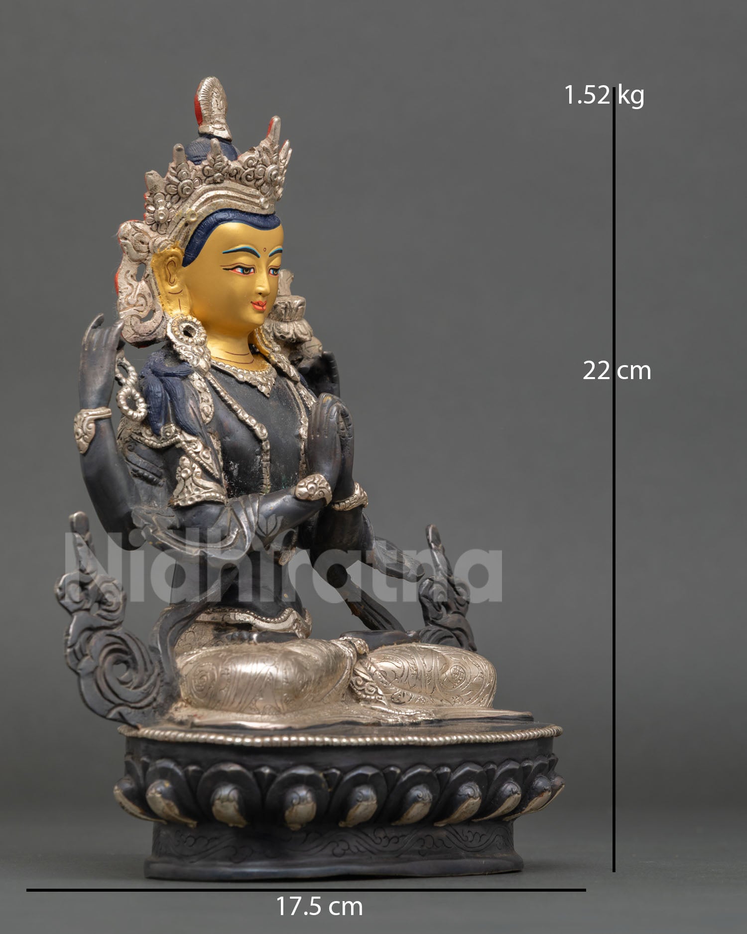 Side view of handcrafted Chenrezig statue in oxidized copper finish, traditional Himalayan metal artistry and refined sculptural detailing