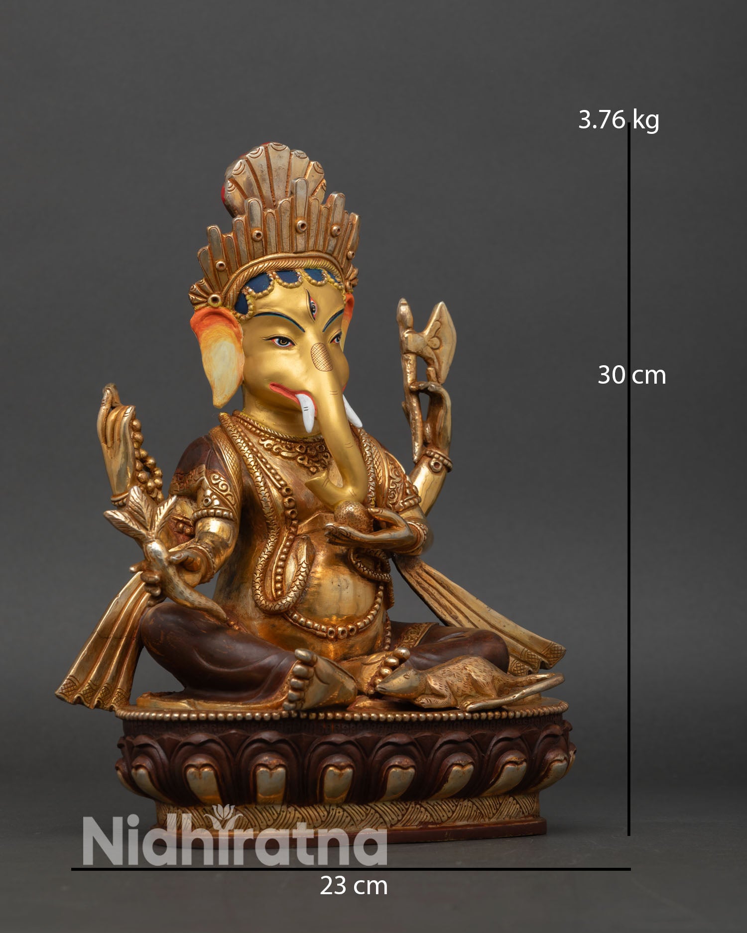 side view handcrafted ganesh murti lost wax casting nepal four armed deity sacred objects flowing robes copper sculpture
