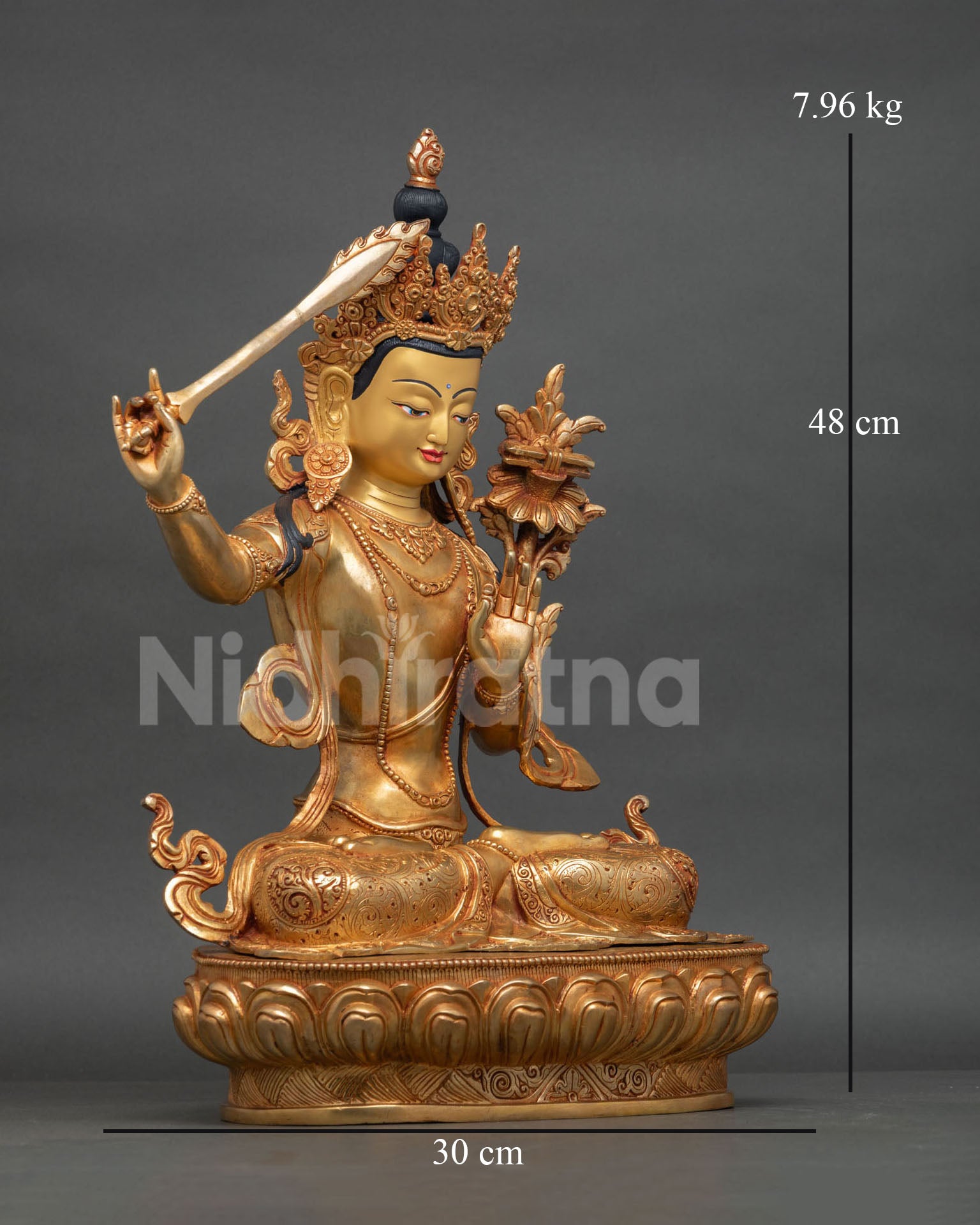 side view handcrafted manjushri statue lotus throne detailed robes repoussee work