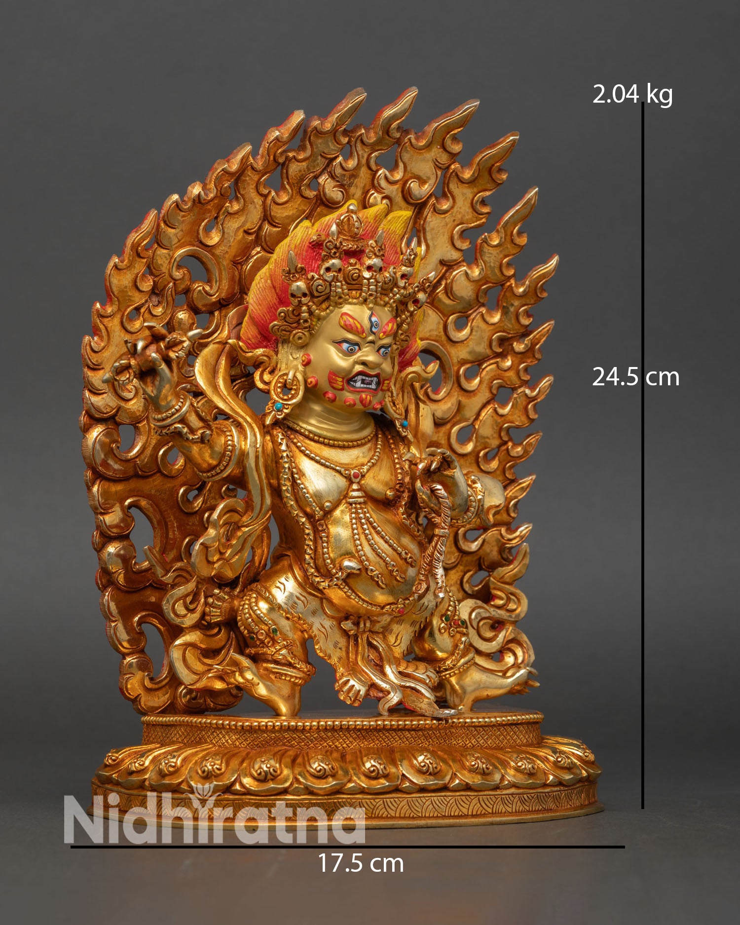 Side view handcrafted vajrapani statue lost wax casting patan nepal semi precious stones copper sculpture