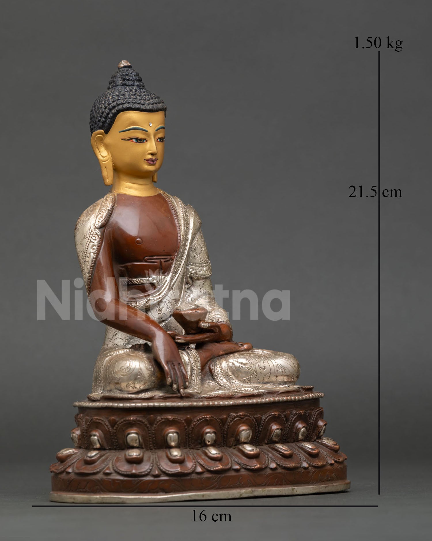 Side view of handmade Shakyamuni Buddha statue on lotus pedestal from Nepal