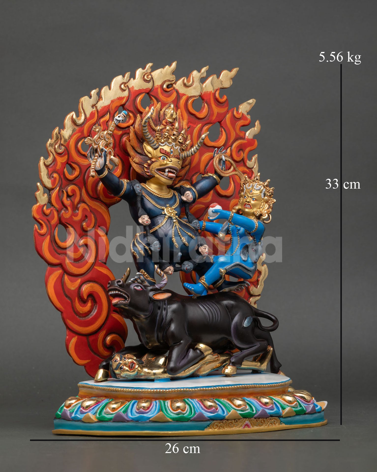 Side view of handmade Yamantaka statue buffalo mount subduing figure lotus throne Newari artisan copper Buddhist art Himalayan shrine decor