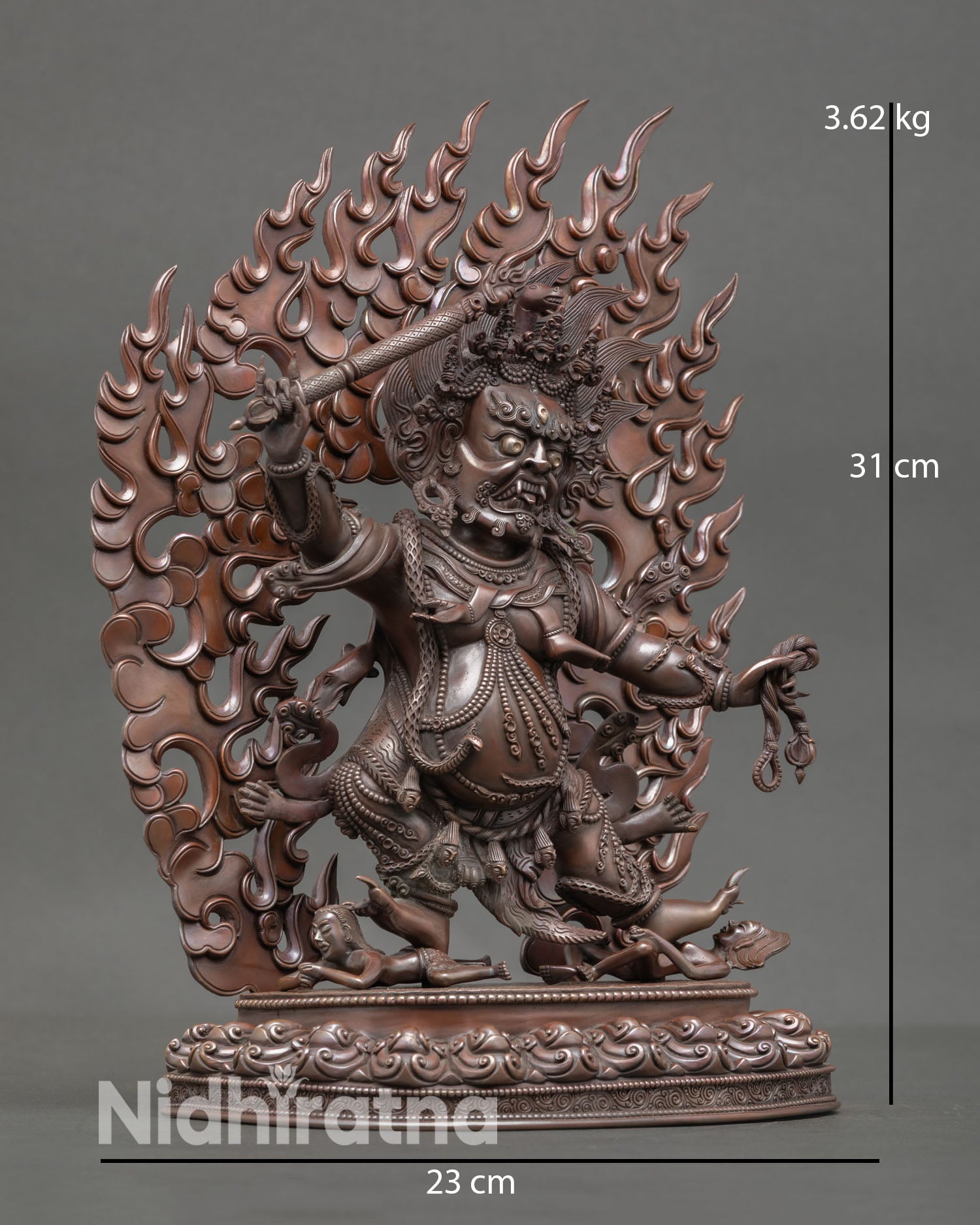 Side view Hayagriva standing on lotus subduing figures holding staff lasso Himalayan wrathful deity sculpture for protection practice