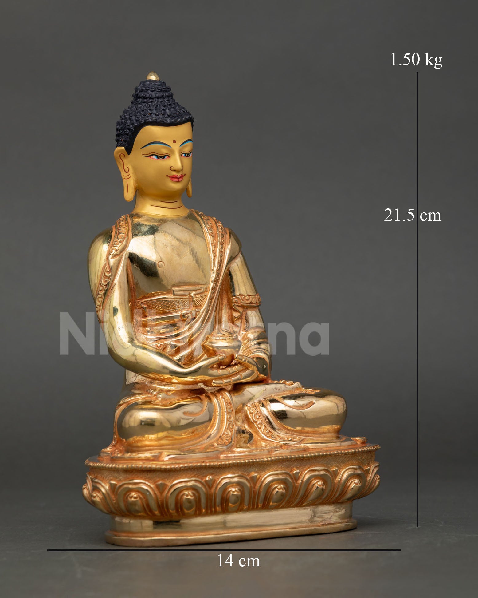 Side view of Himalayan Amitabha Buddha statue on lotus pedestal for shrine decor