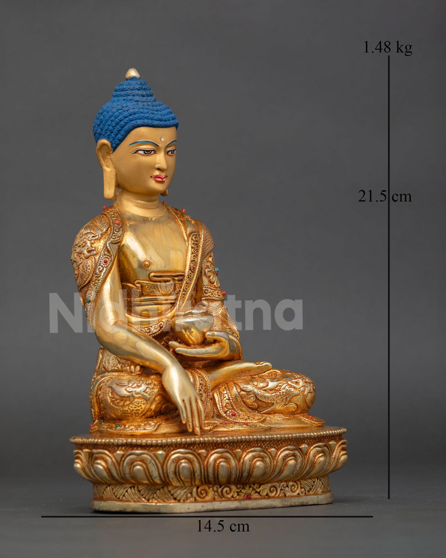 Side view of Himalayan Shakyamuni Buddha sculpture in lost wax casting with detailed monastic robes and sacred Nepalese craftsmanship