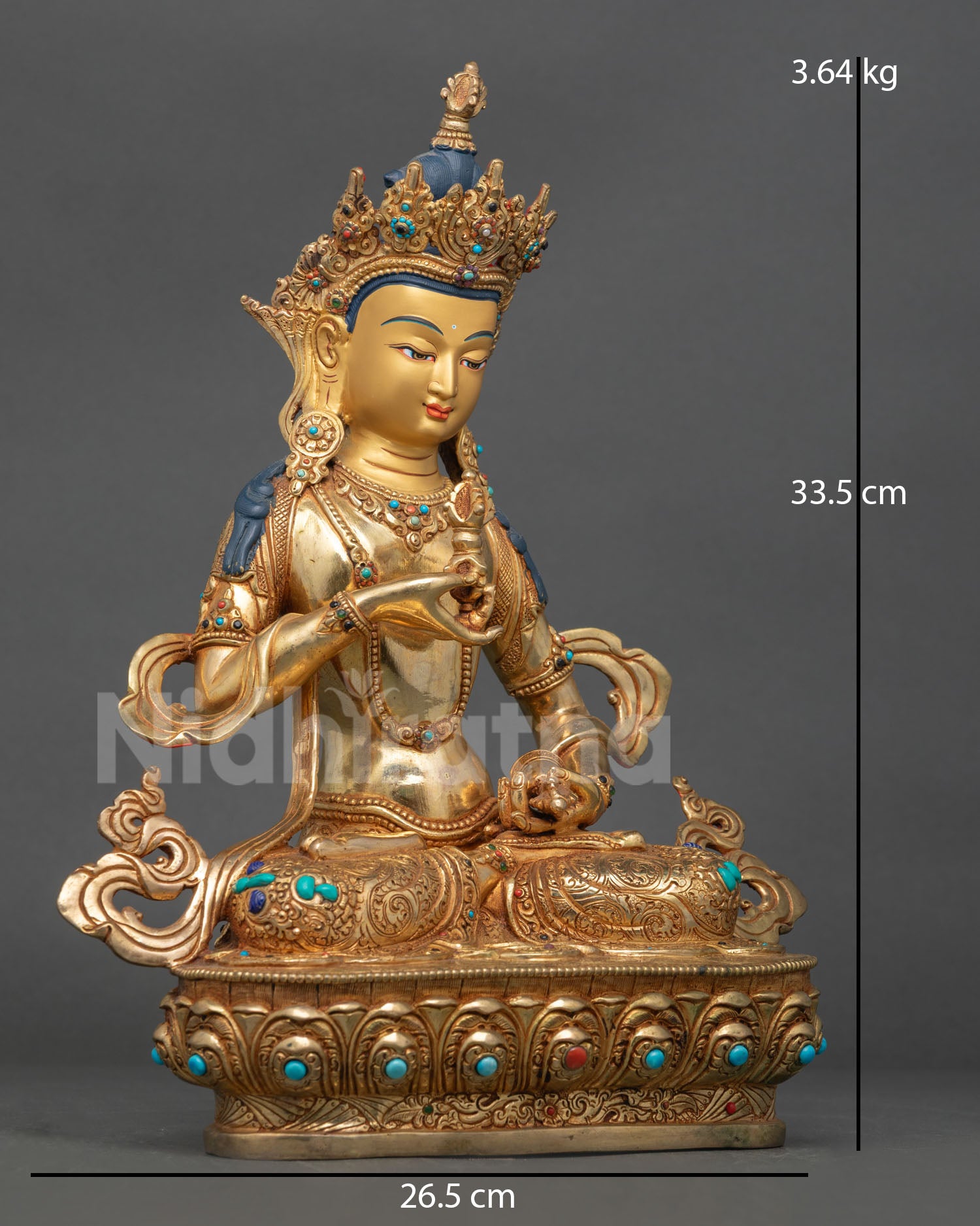 Side view of Himalayan Vajrasattva statue, holding vajra and bell, symbolizing compassion and wisdom, created using lost wax casting method
