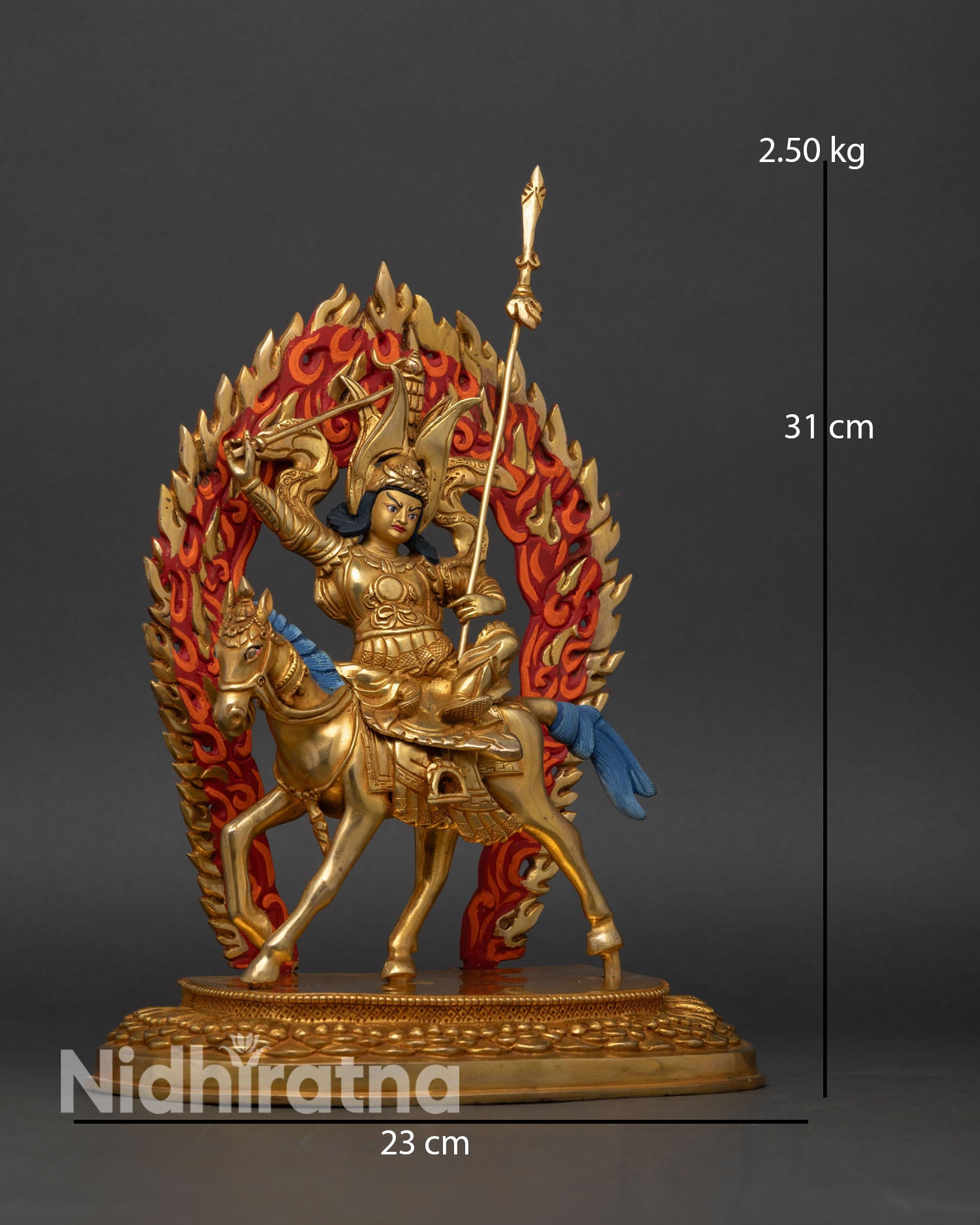 Side view King Ghesar riding horse dynamic warrior posture with radiant halo, symbolizing victory, fearless courage, and Himalayan Buddhist epic tradition art.