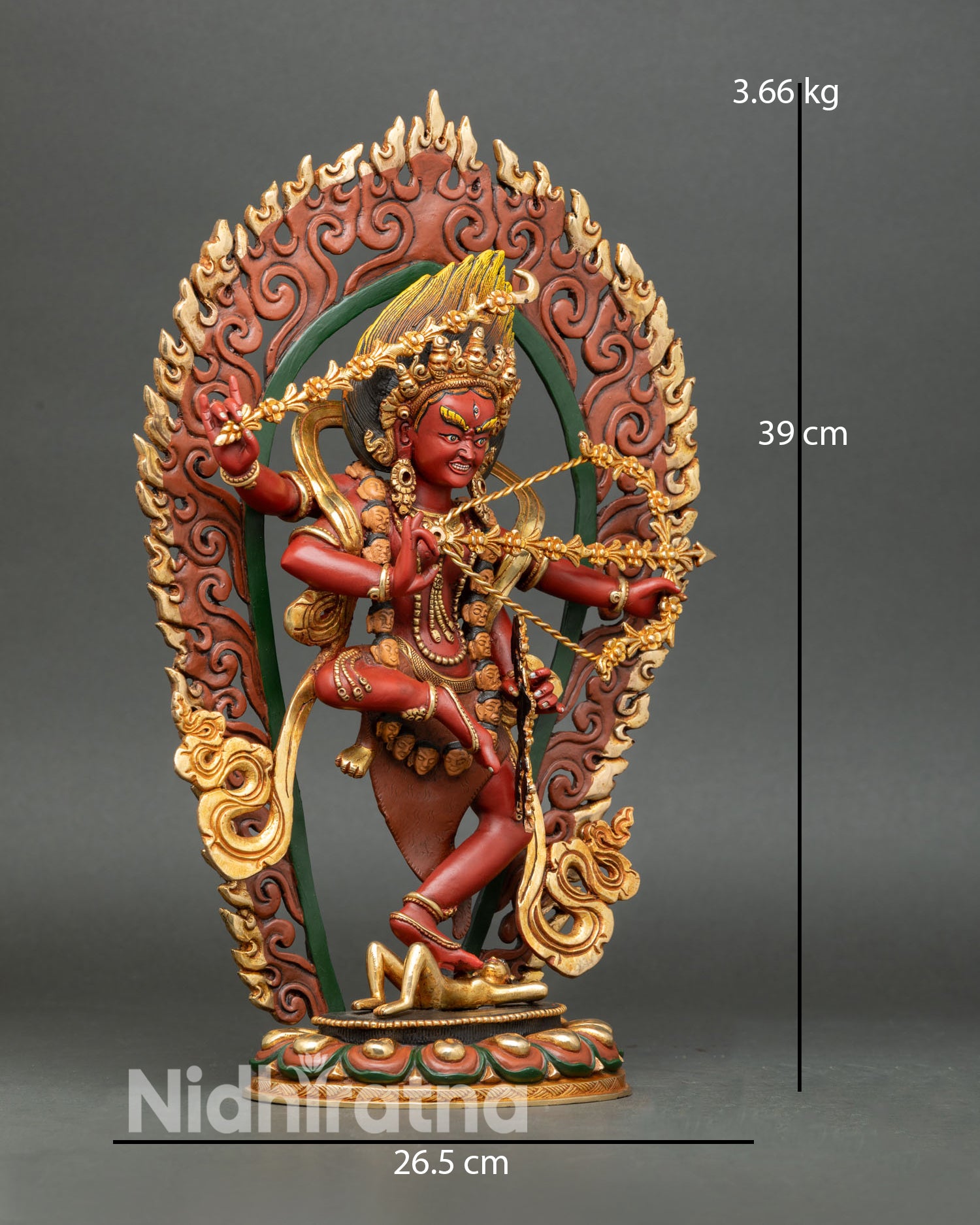 Side view of Kurukulla dancing posture four arms flower bow arrow hook noose copper Vajrayana dakini sculpture meditation decor
