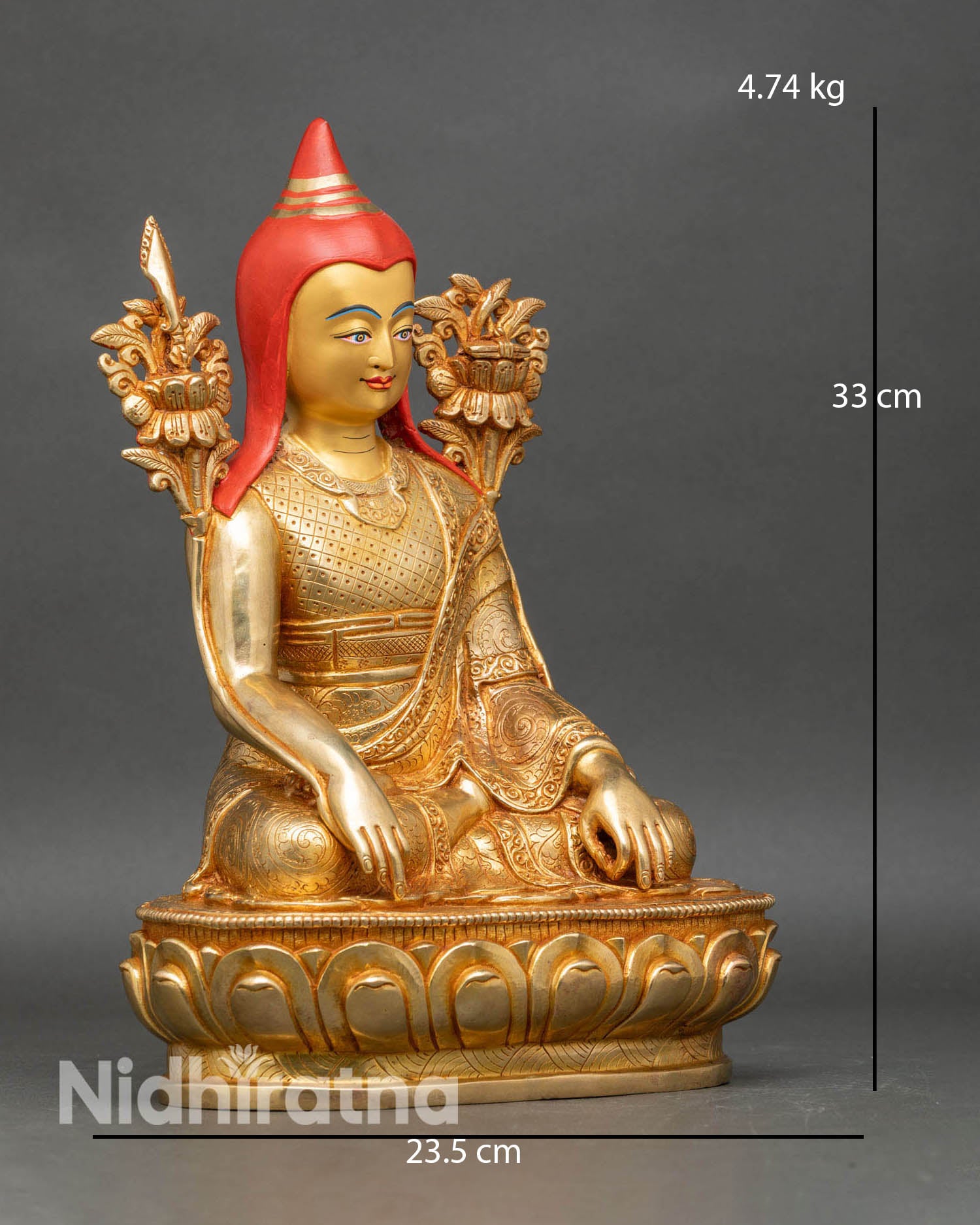 Side view of Longchenpa holding utpala stem, wisdom flame sword, and sutra on a lotus seat.