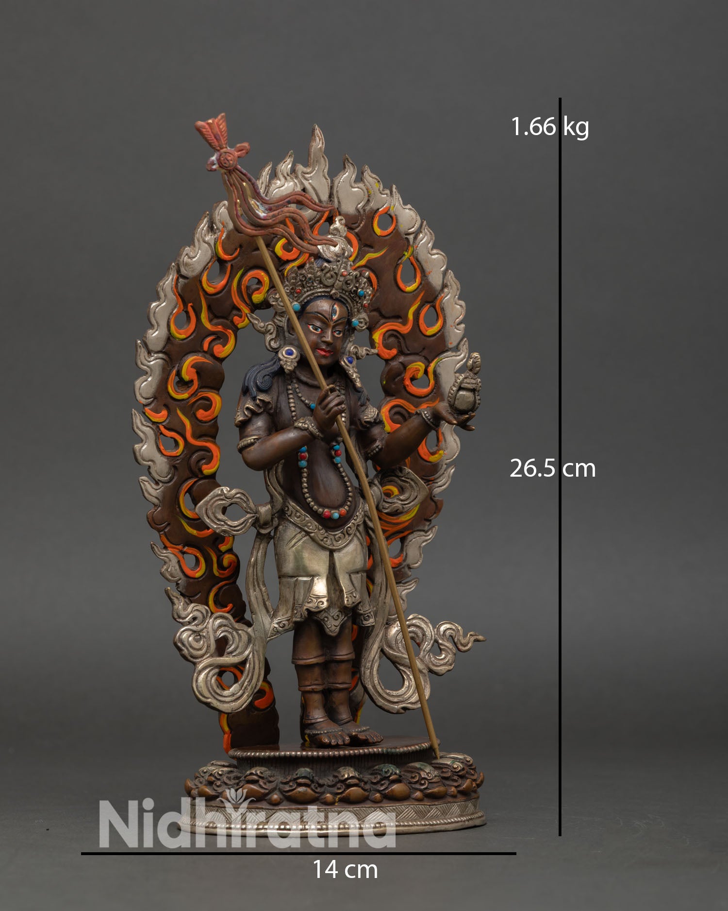 Side view of Mandarava statue, enlightened feminine energy, Tibetan Buddhist consort sculpture, oxidized copper craftsmanship for meditation space decor