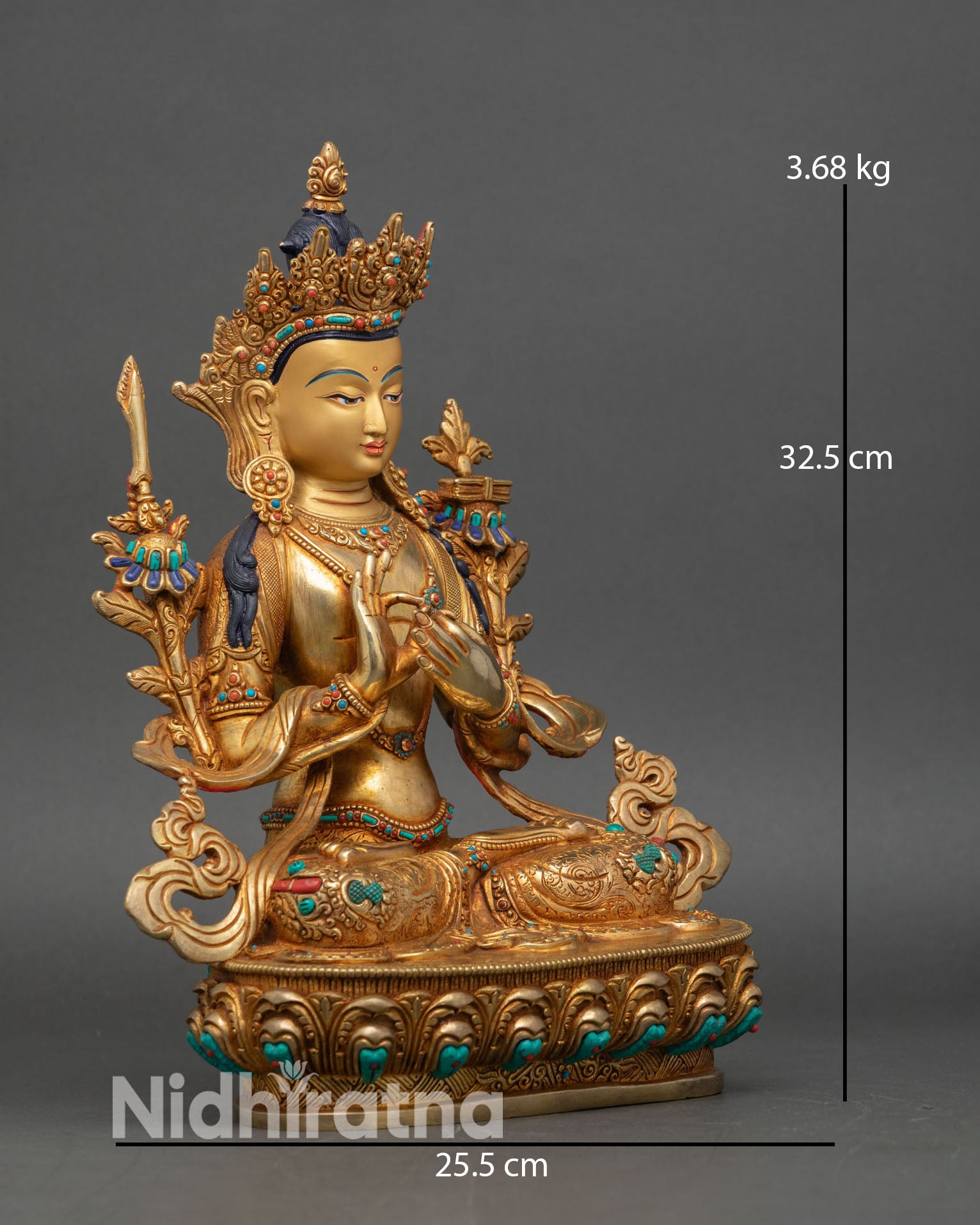 Side view of Manjushree statue wisdom sword lotus Prajnaparamita Sutra