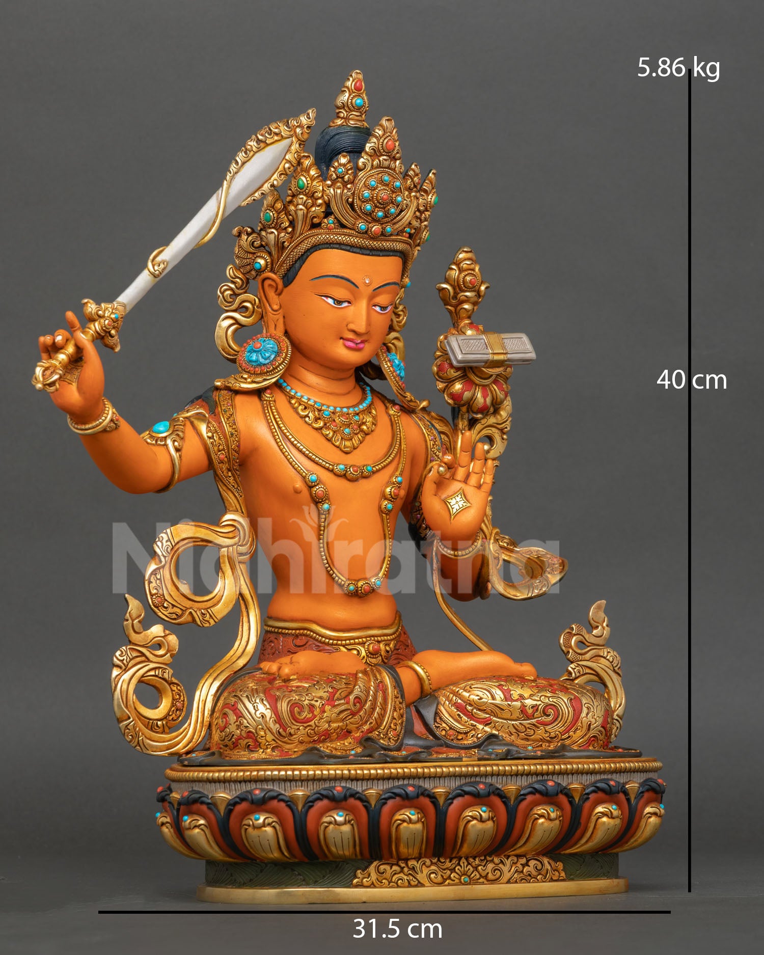 Side view of Manjushri Bodhisattva seated on lotus holding utpala flower with sacred scripture and flaming sword of wisdom