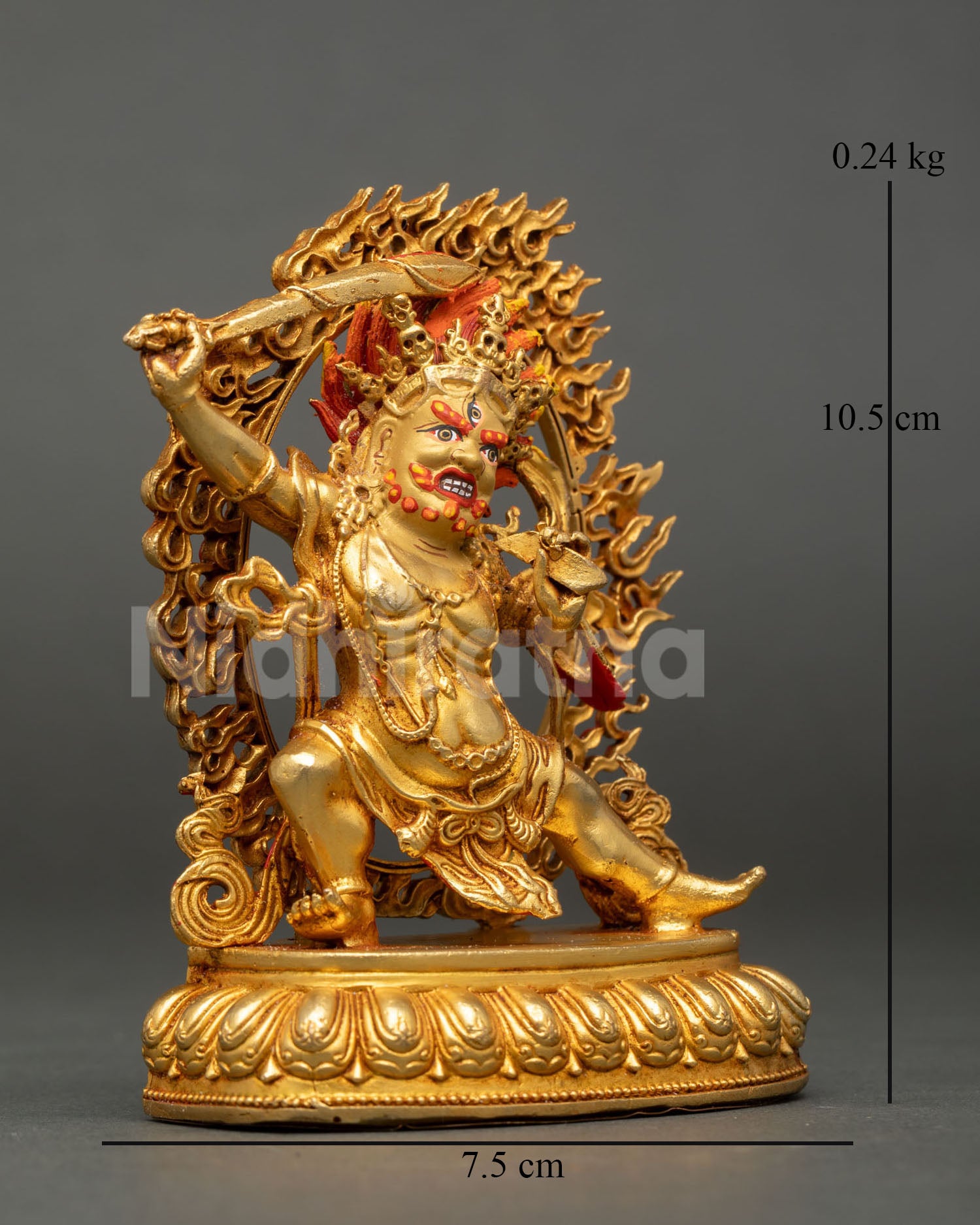 Side view of Manjushri wrathful statue holding flaming sword of wisdom and Prajnaparamita text standing lotus pedestal spiritual Buddhist art Nepal