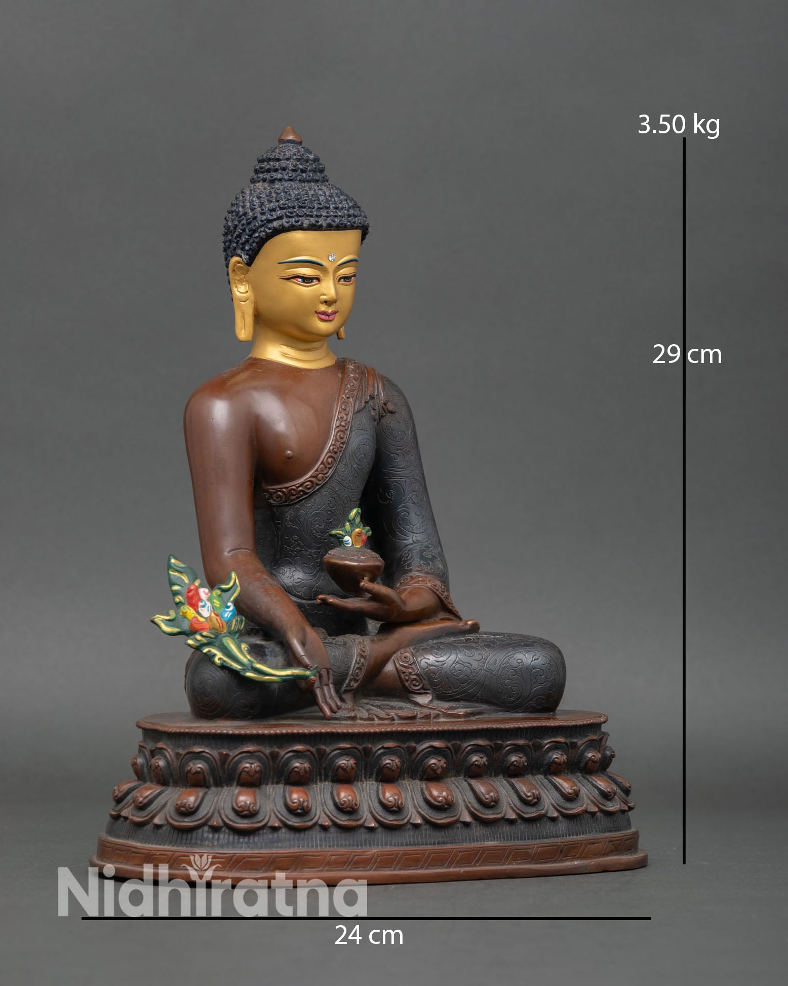 Side view of Medicine Buddha seated lotus throne, dhyana mudra, medicinal bowl, healing deity sculpture, meditation decor Nepal