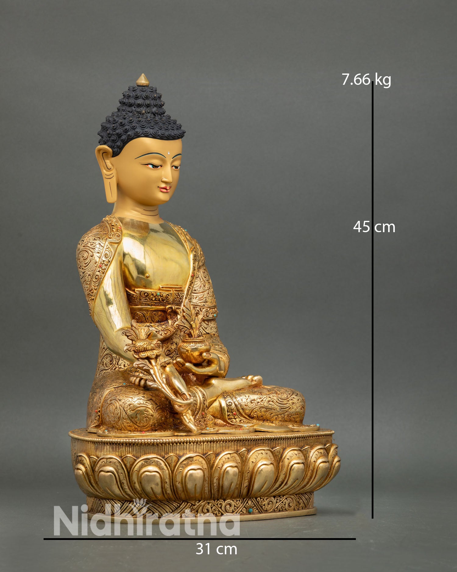 Side view Medicine Buddha statue ornate robes lotus pedestal handcrafted Newari artisan copper, meditation altar decor