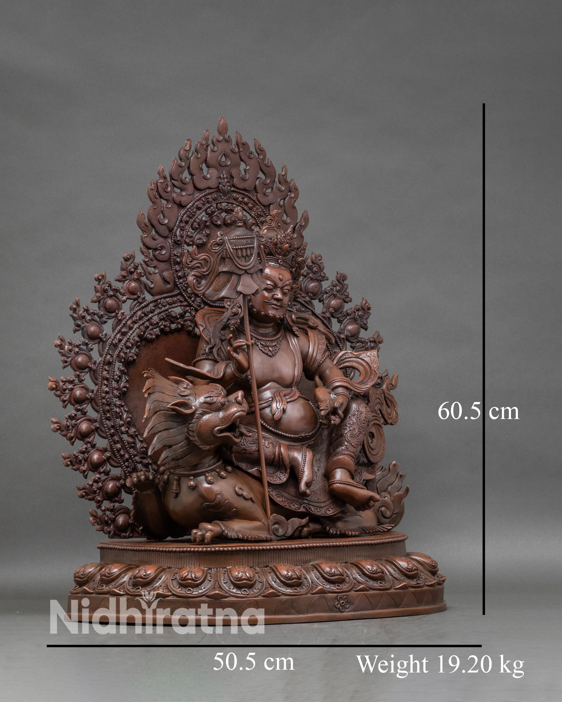 Side view of Namtoshe statue Victory Banner mongoose intricate Himalayan art